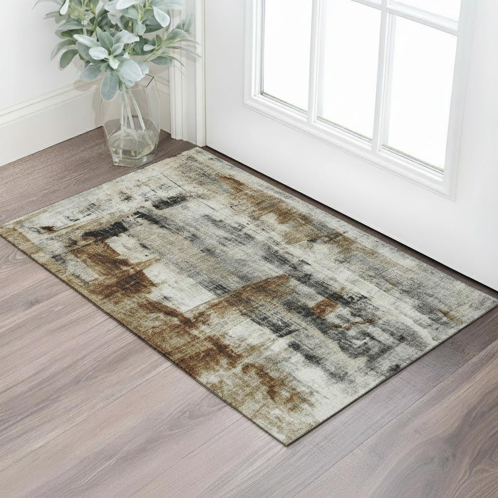 3 X 5 Taupe Charcoal And Brown Abstract Washable Area Rug With UV Protection