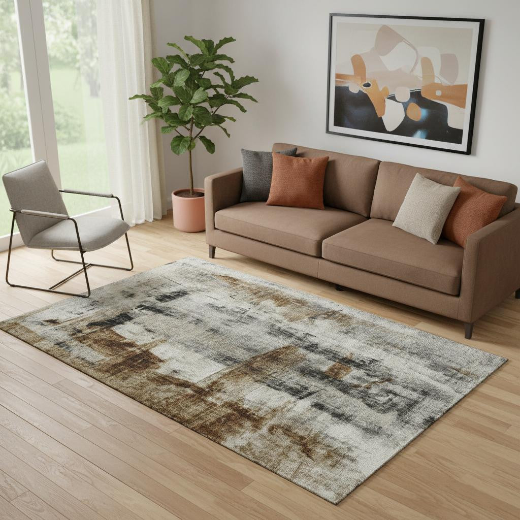 5 X 8 Taupe Charcoal And Brown Abstract Washable Area Rug With UV Protection