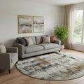 8 Taupe Charcoal And Brown Abstract Washable Round Rug With UV Protection