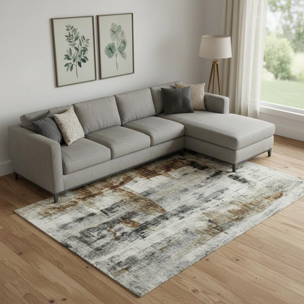 9 X 12 Taupe Charcoal And Brown Abstract Washable Area Rug With UV Protection