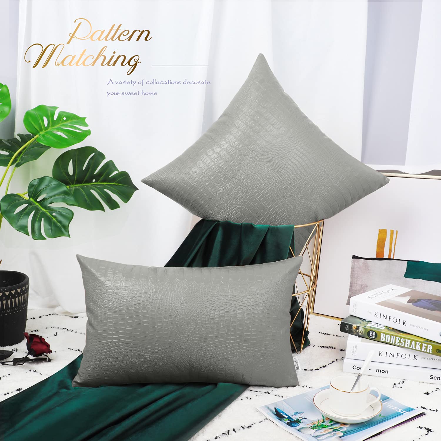Brawarm Faux Leather Pillow Covers 20 X 20 Inches, Gray Leather Pillow Covers Pack Of 2, Crocodile Leather Decorative Throw Pill