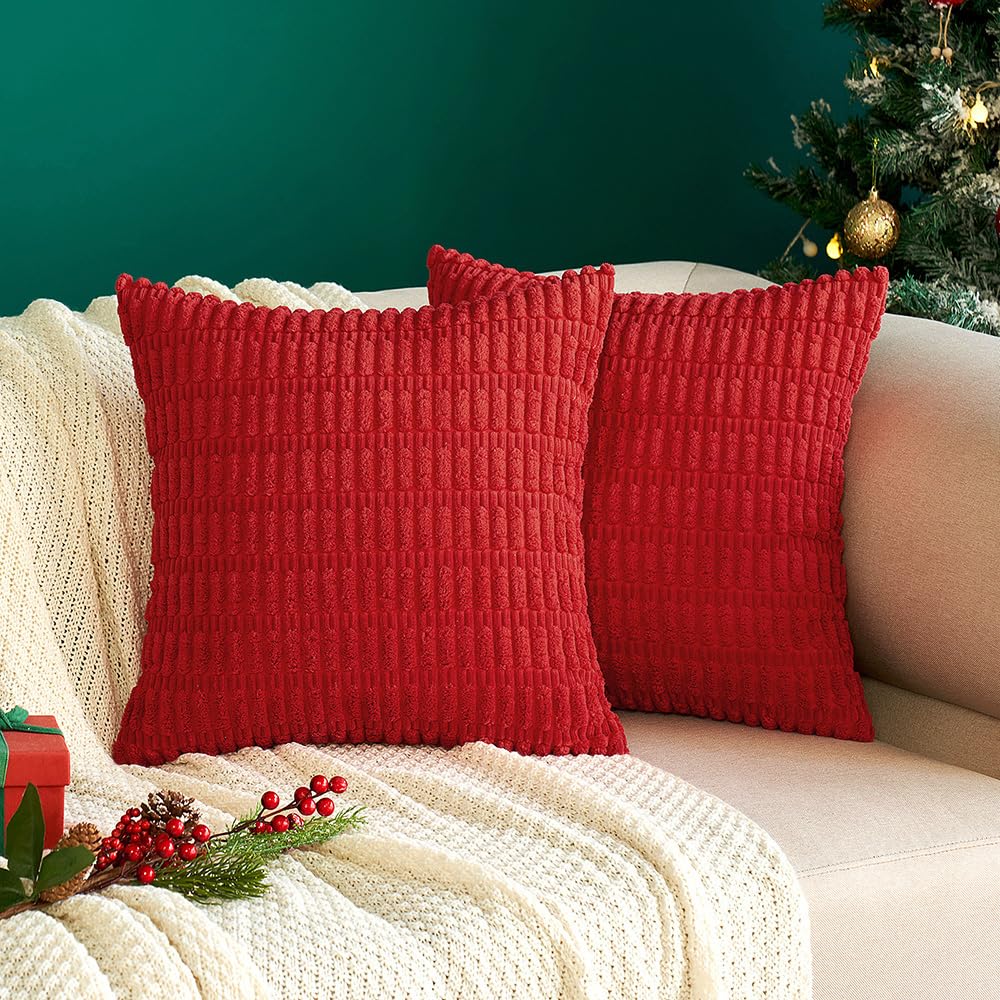 Miulee Pack Of 2 Red Corduroy Decorative Throw Pillow Covers 22X22 Inch Soft Boho Striped Pillow Covers Modern Farmhouse Christm