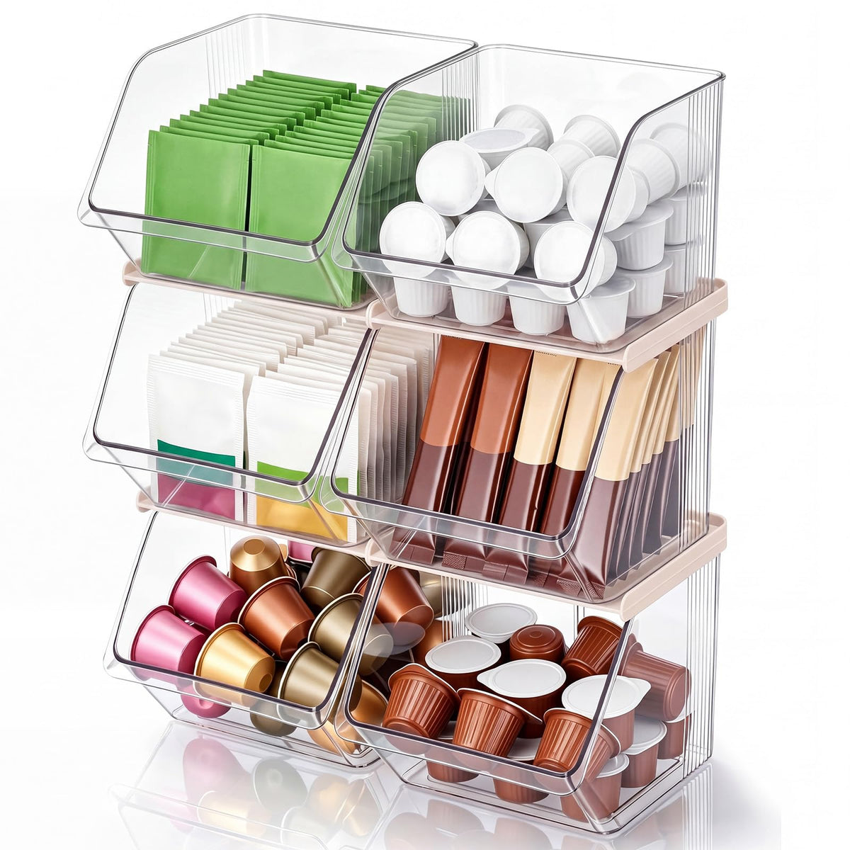 Ferrochef 6 Pcs Stackable Plastic Storage Bins, Open Front, Clear