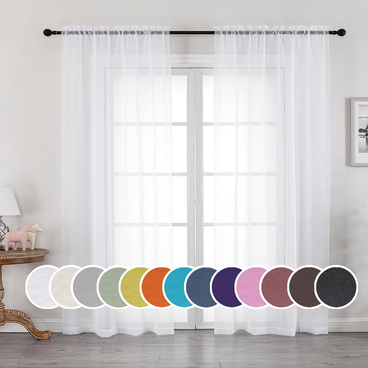 Owenie Sheer White Curtains, Sheer Curtains 90 Inches Long 2 Panels Set, Rod Pocket Voile Fimly Sheer Drapes For Living Room/Bed