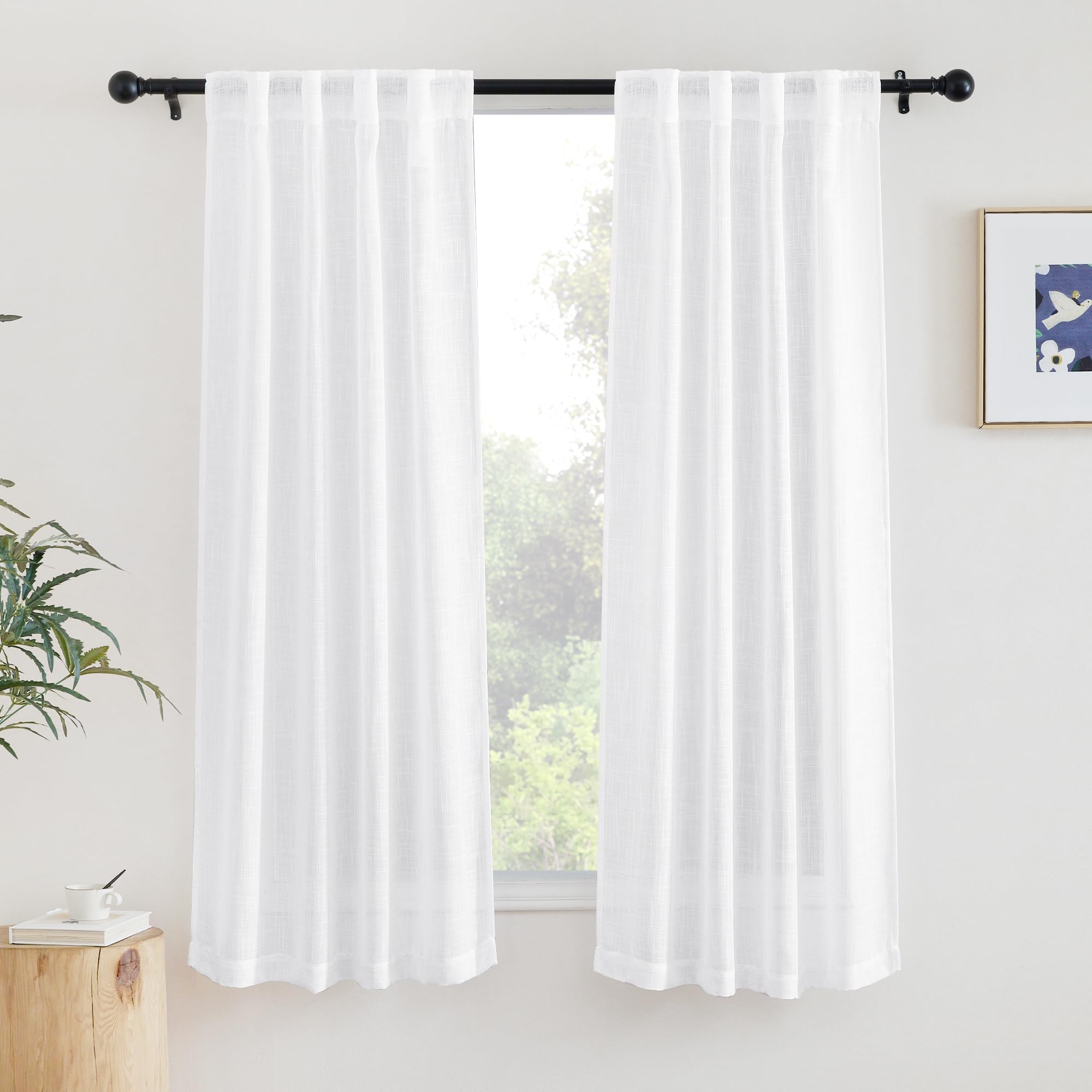 Nicetown White Bedroom Curtains 63 Inches Long, Rod Pocket & Back Tab Faux Linen Semi Sheer Window Treatments Privacy With Light