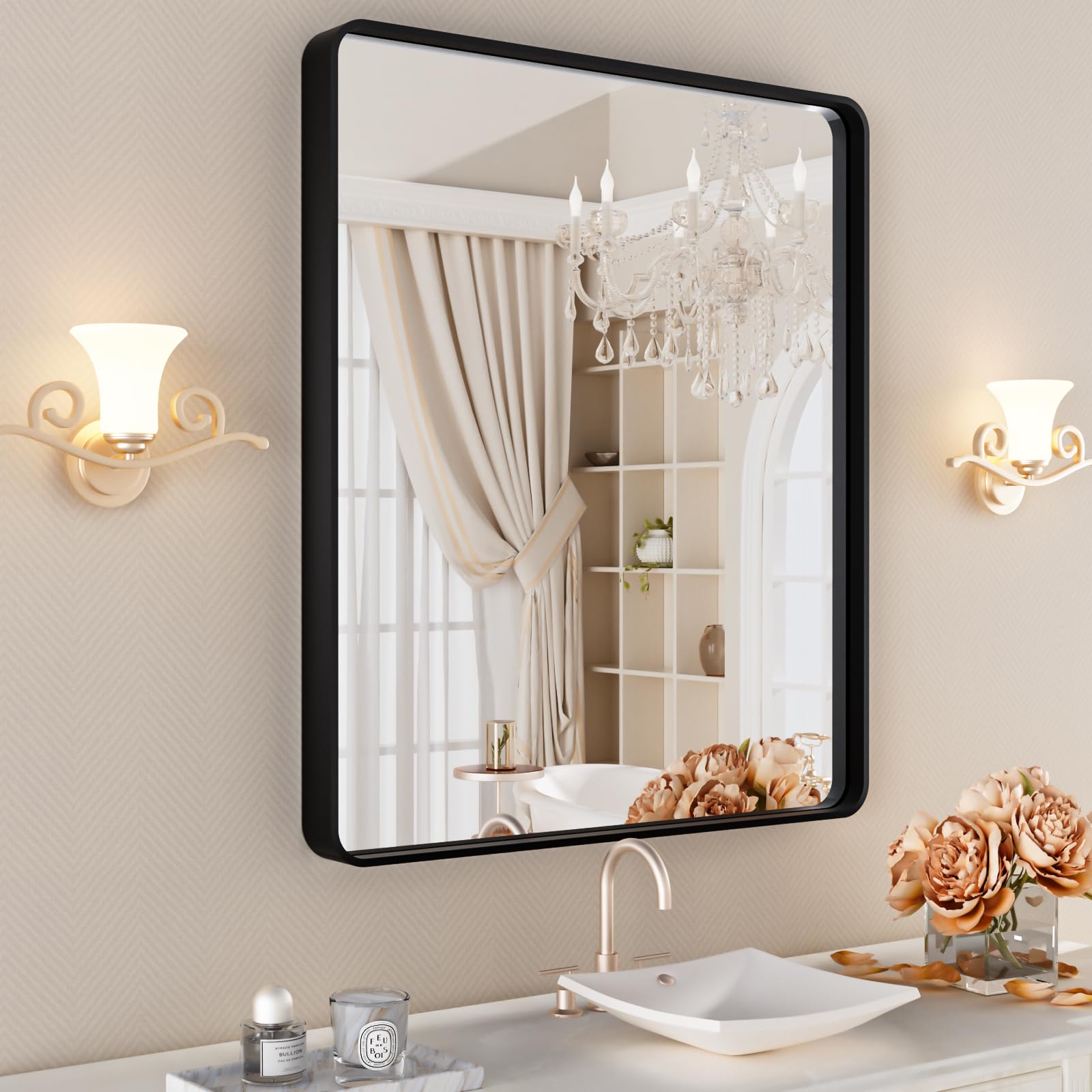 ISTRIPMF Black Bathroom Vanity Mirror 24x30 Inch,Rounded Rectangle Matte Black Mirror for Bathroom Wall,Tempered Glass,Horizonta