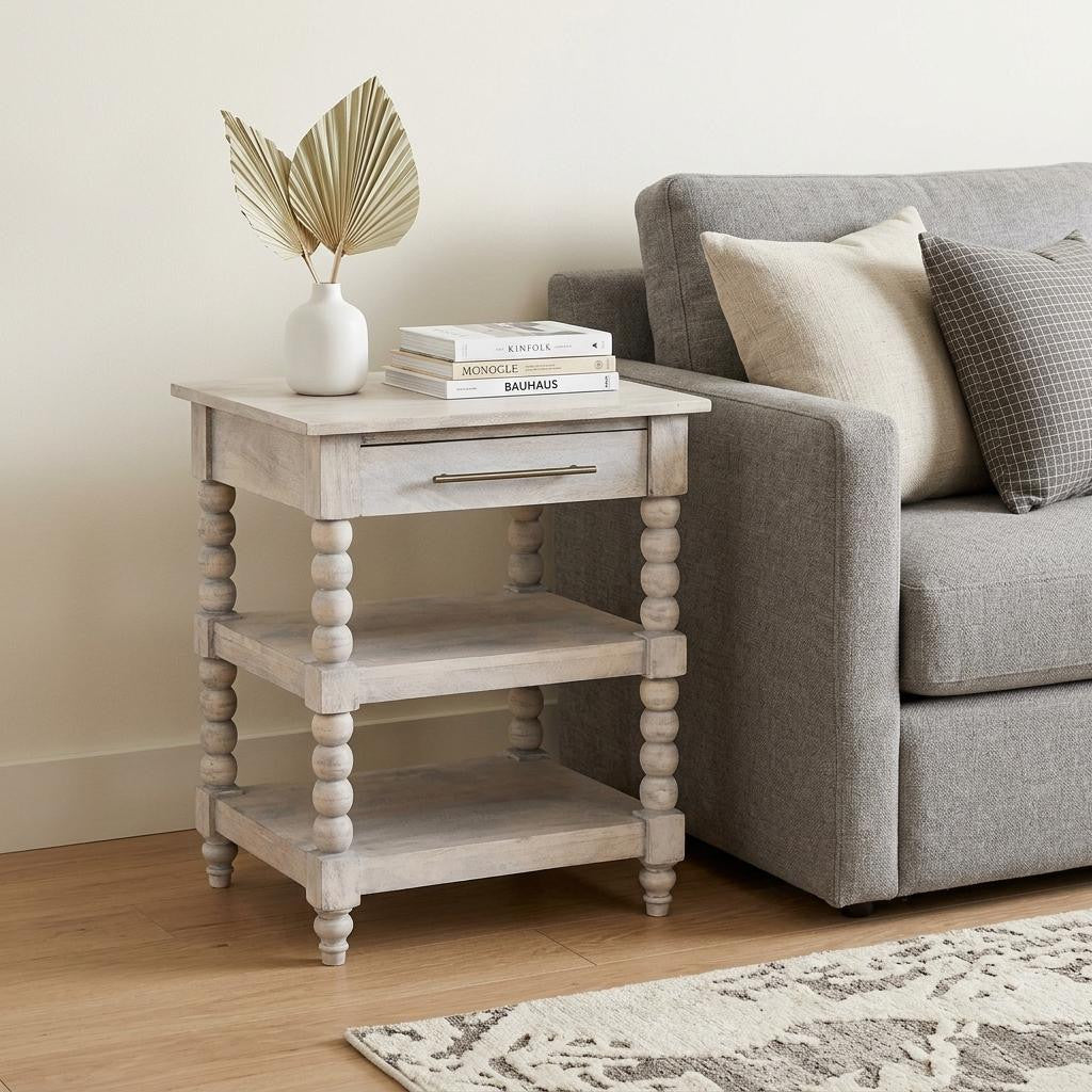 28 Inch Brown and White Solid Wood End Table With Drawer And Two Shelves
