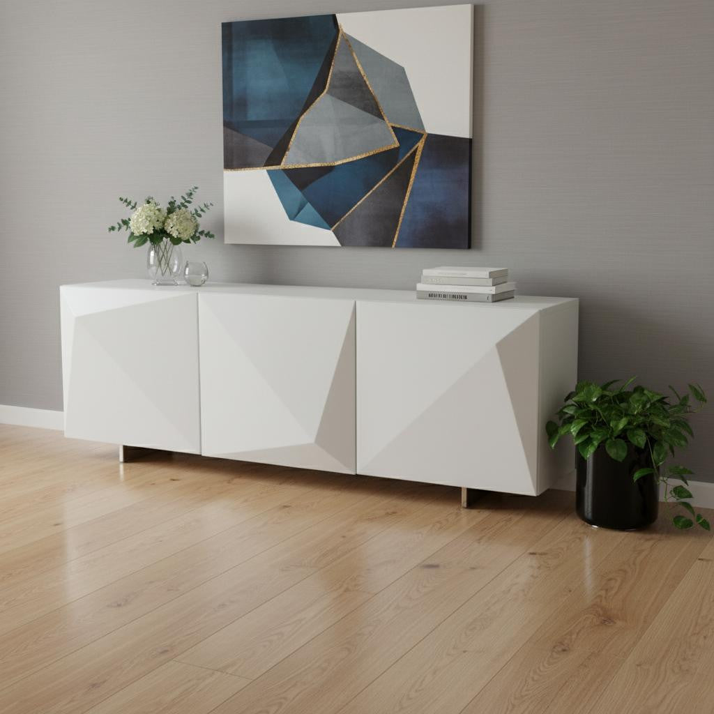 87 White Wood Carved Geometric Sideboard With Three Doors