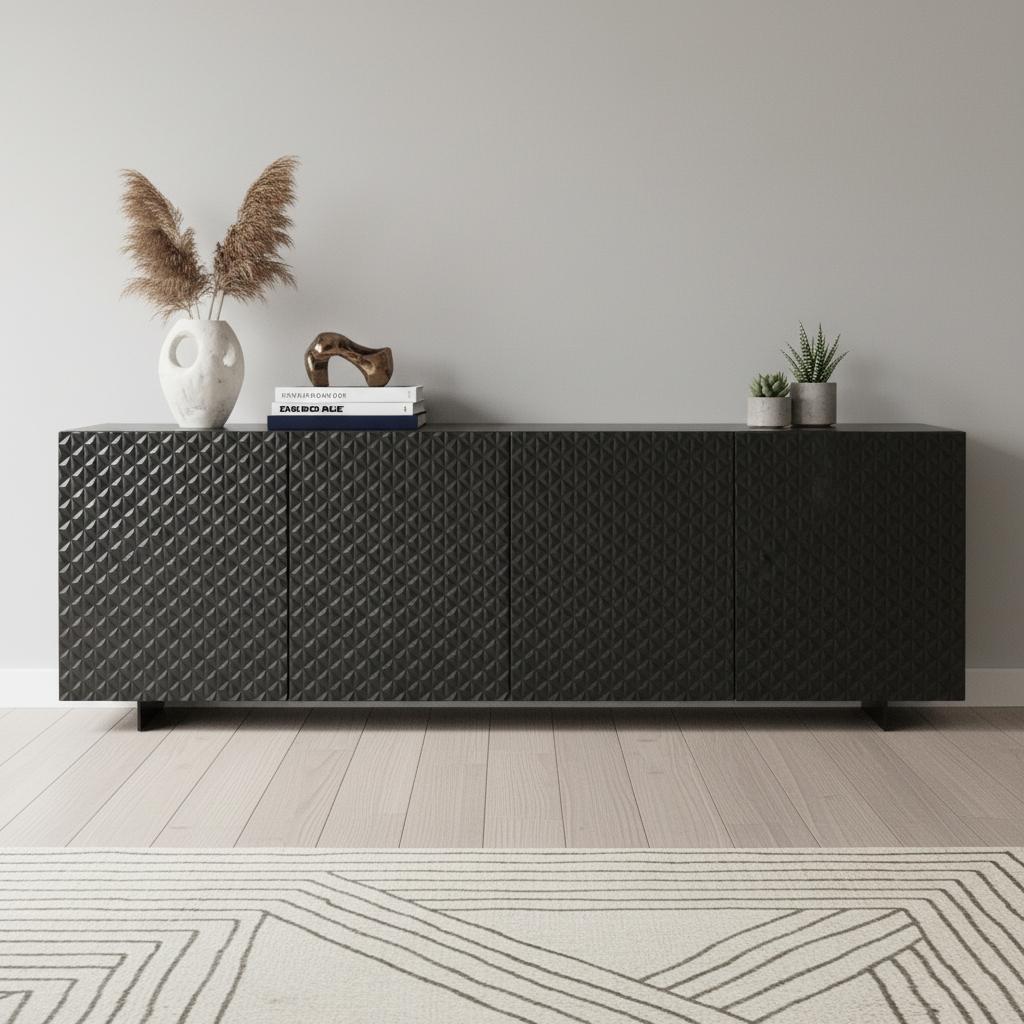 94 Dark Gray Wood Carved Geometric Sideboard With Four Doors