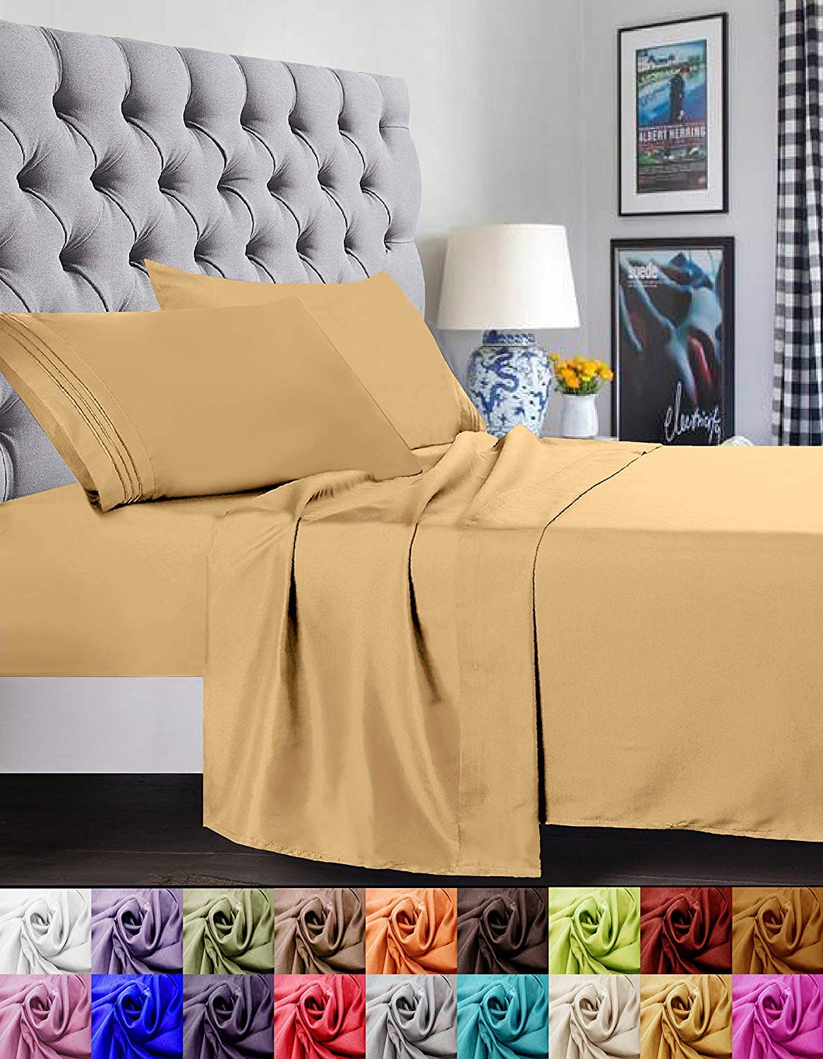 Elegant Comfort 1500 Premier Luxury Hotel Quality Super Soft Wrinkle Free And Fade Resistant 4-Piece Bed Sheet Set, Full, Gold