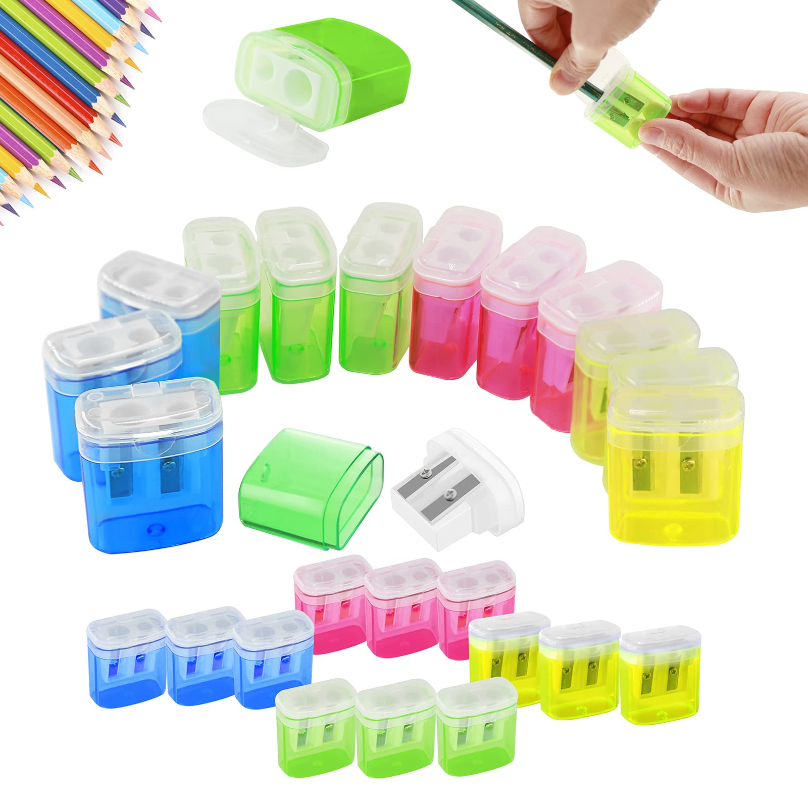 Dual Hole Pencil Sharpener - 24 Pieces Pencil Sharpeners Manual With Lid For School Home Office,Angel Tree Compact Handheld Penc
