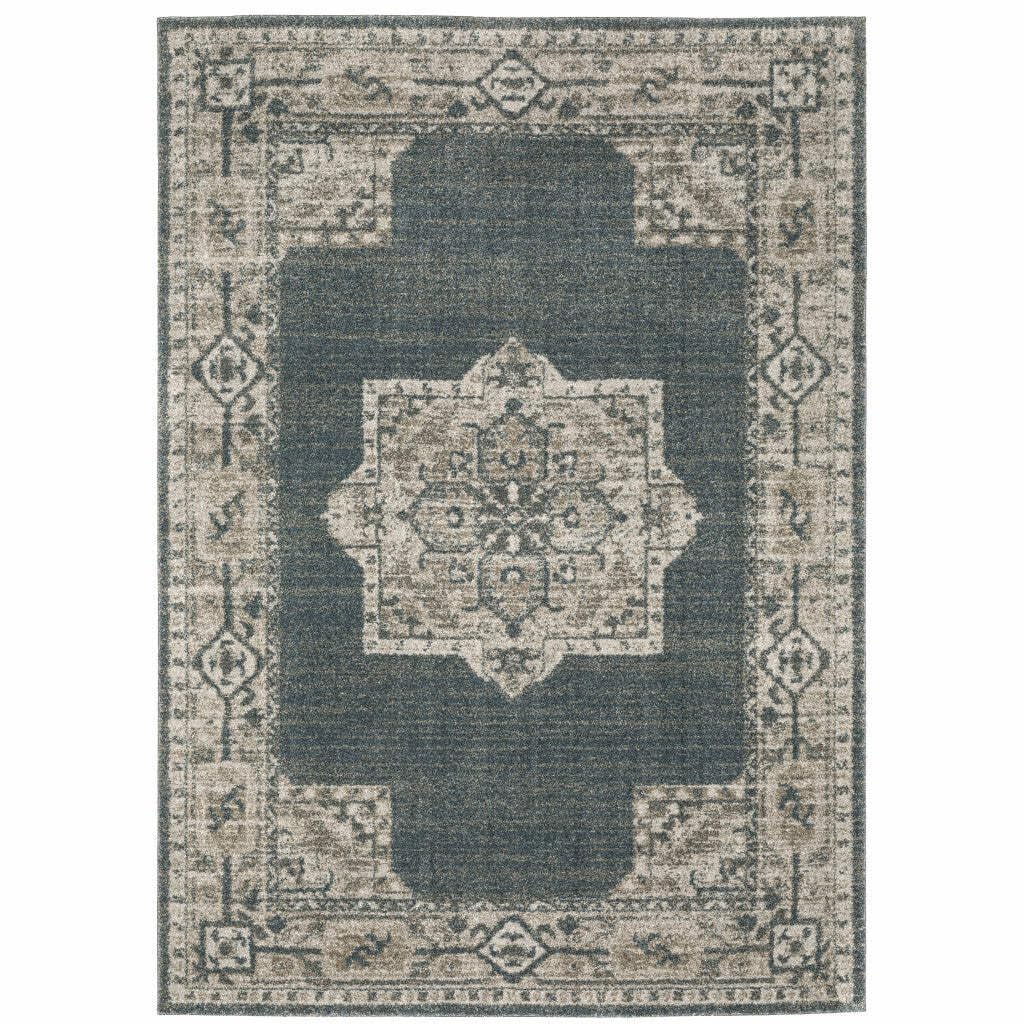 HomeRoots 508189 8 x 11 ft. Blue & Beige Oriental Power Loom Stain Resistant Rectangle Area Rug