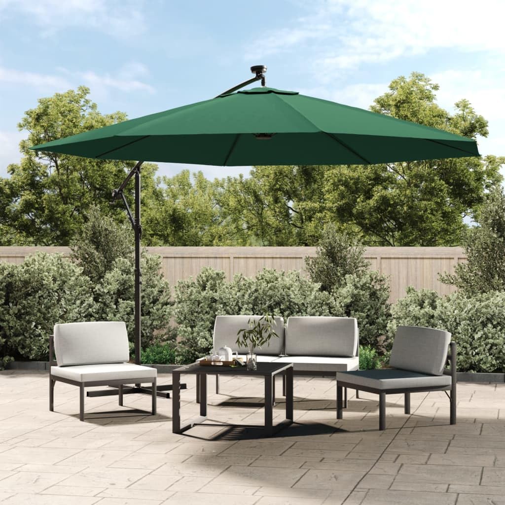 Vidaxl Led Cantilever Parasol With Metal Pole, Green - 137.8 Inch Diameter - Uv Protective And Anti-Fade Polyester Fabric, Includes Solar Panel, Air Vent & Crank Mechanism.
