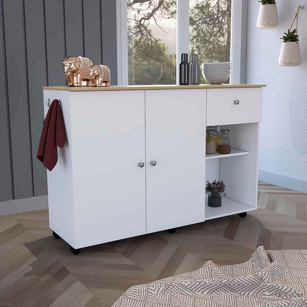 Syros Kitchen Island Cart, 6 Carter, 1 Drawer, Double Door Cabinet, 2 External Shelves, 4 Interior Shelves, White/Pine