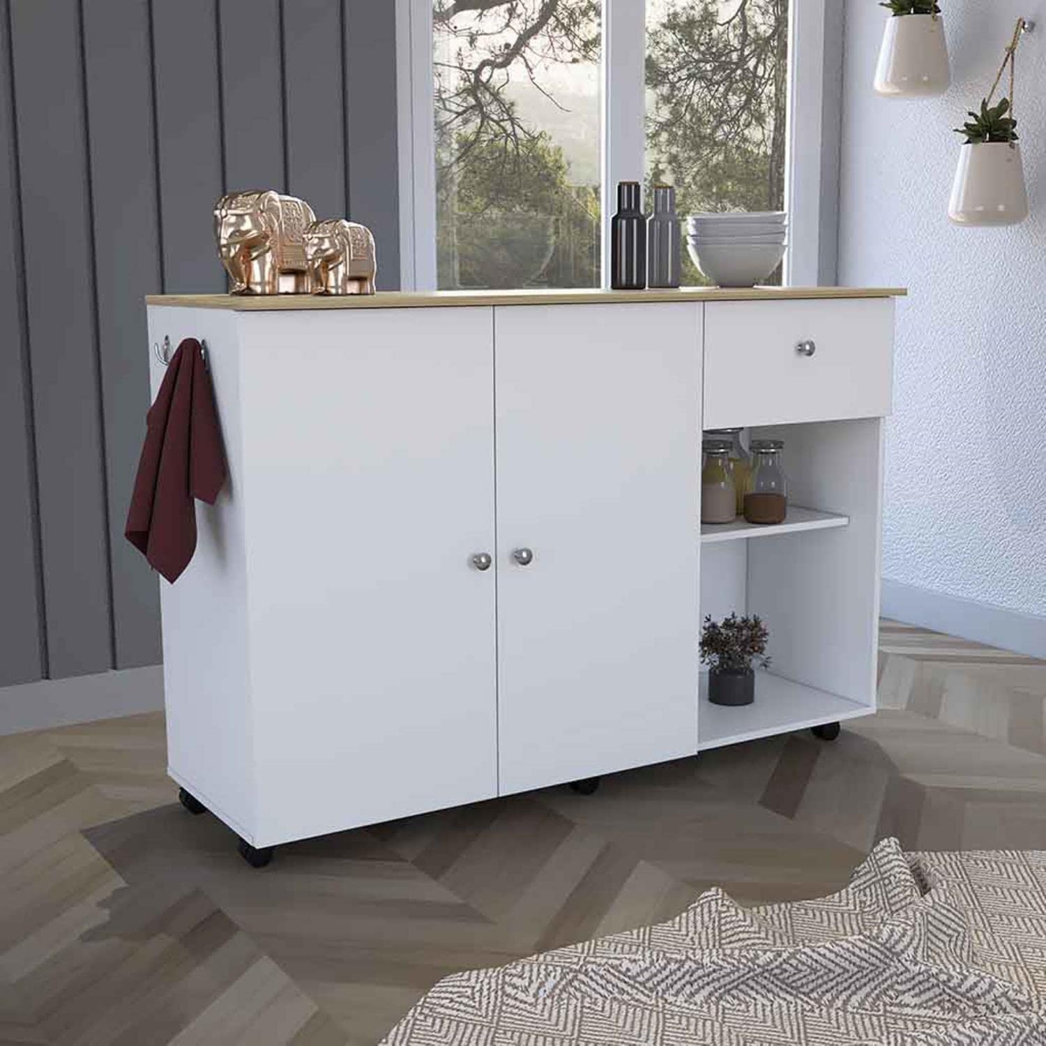 Syros Kitchen Island Cart, 6 Carter, 1 Drawer, Double Door Cabinet, 2 External Shelves, 4 Interior Shelves, White/Pine
