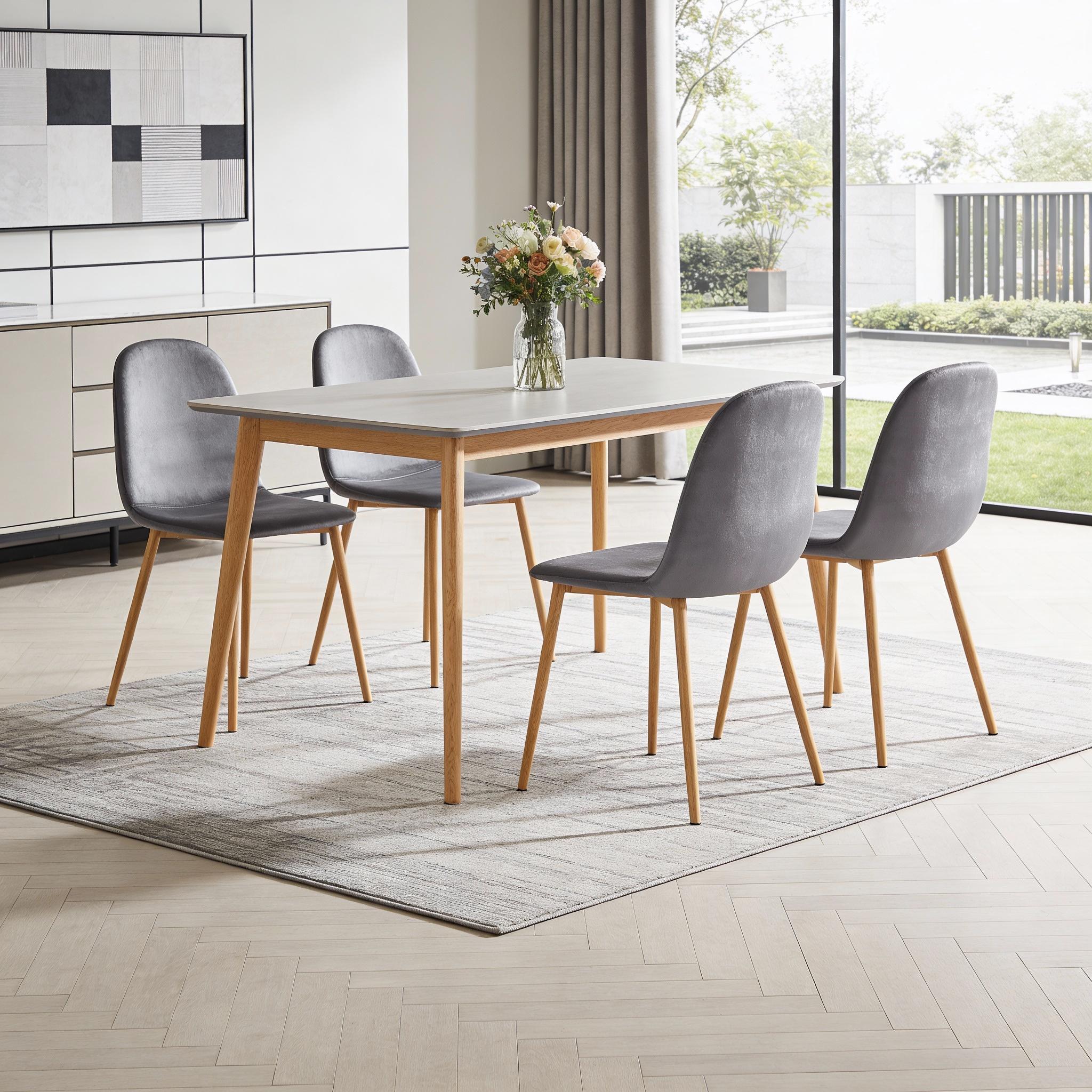 Set of Four Gray and Oak Velvet and Steel Dining Side Chairs