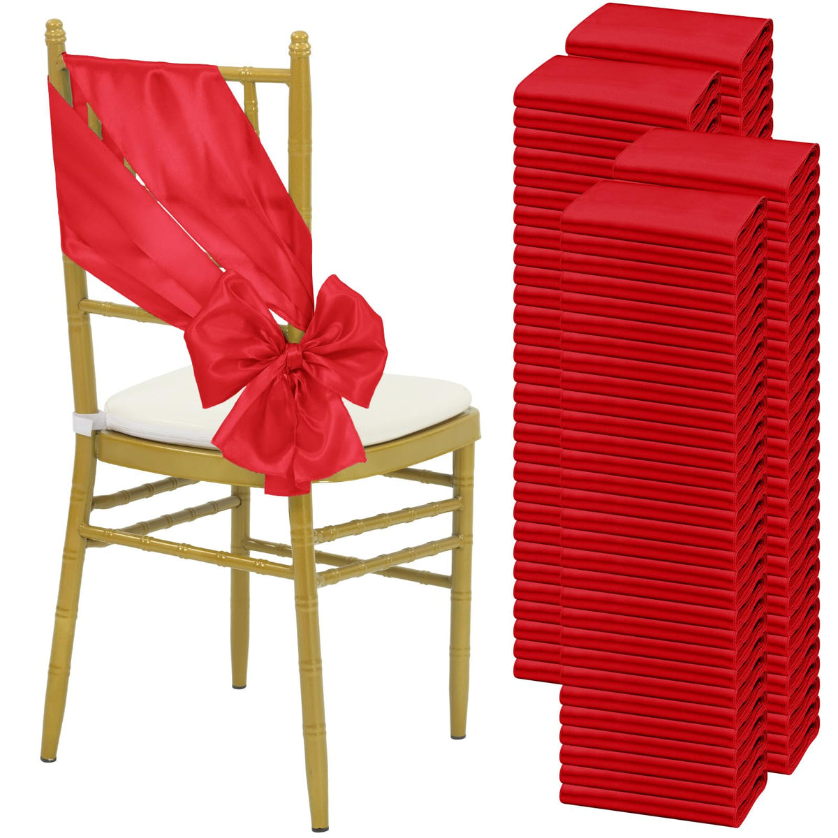 120 Pcs Red Satin Chair Sashes,Ties Bows Designed Chair Sashes For Wedding Party Baby Shower Banquet Restaurant Hotel Folding Ch
