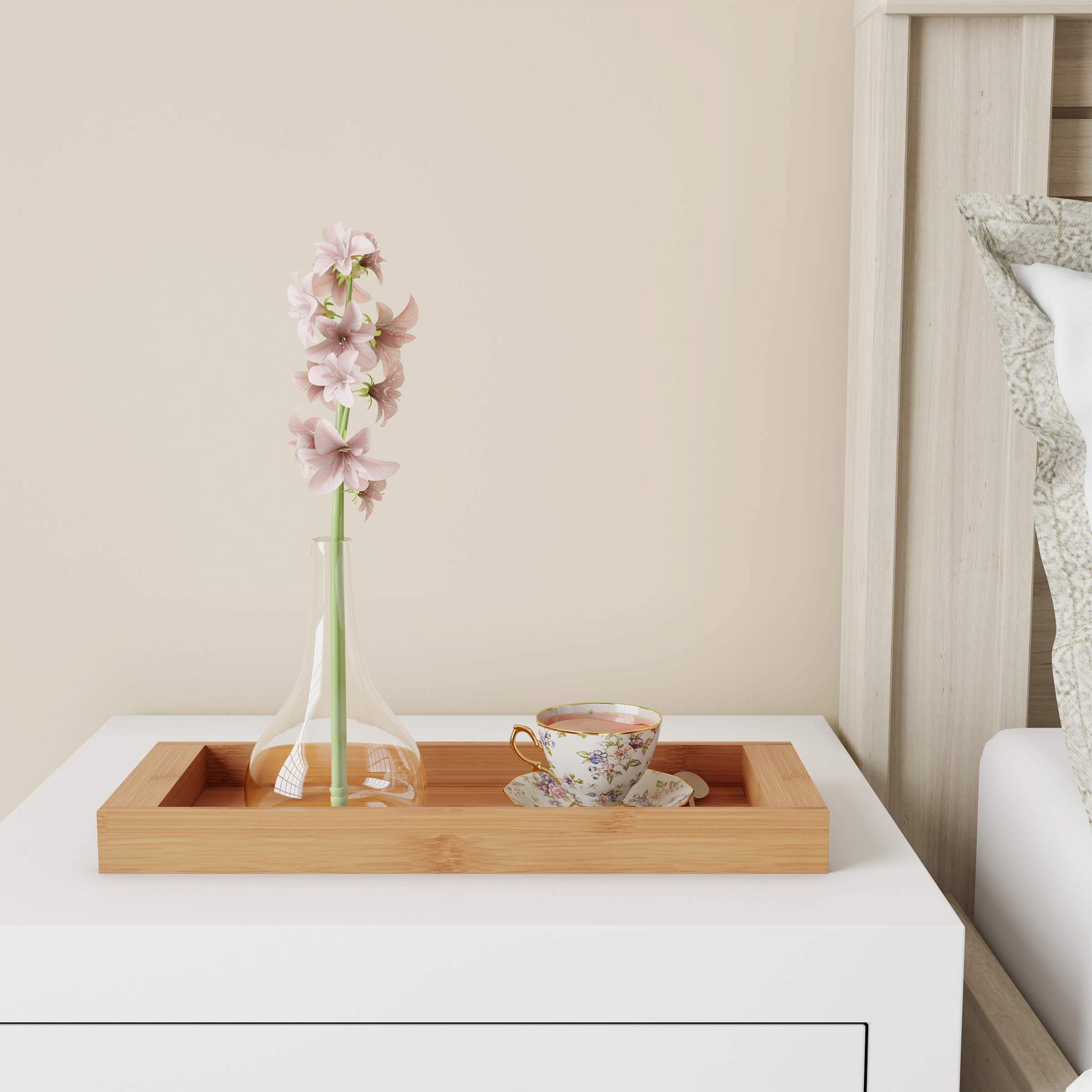 Lavish Home Bamboo Bathroom Vanity Tray-Natural Wood Eco-Friendly Holder For Towels, Toiletries, Cosmetics, Decor And More-Moder