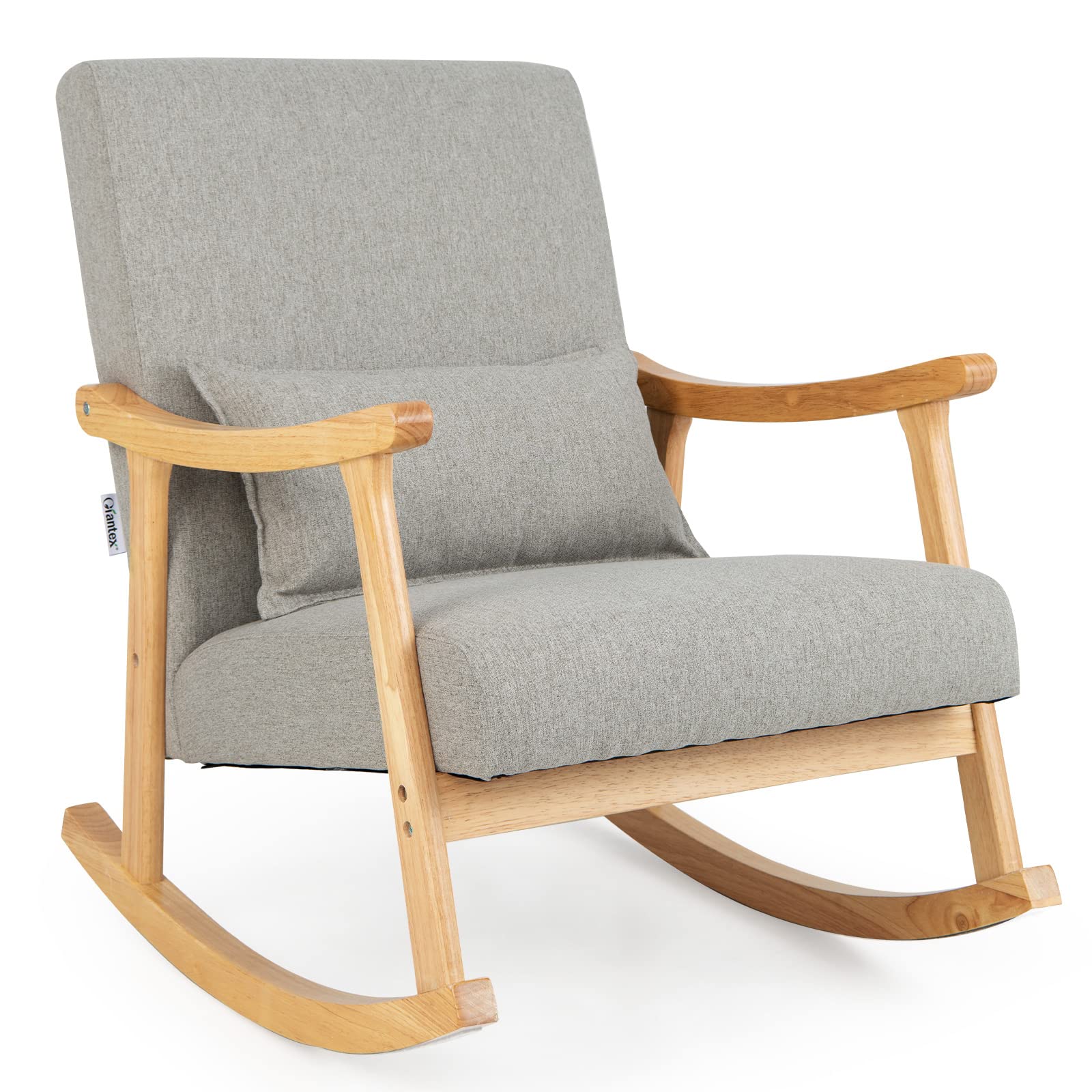 Giantex Upholstered Rocking Chair - Modern Rocker With Rubber Wood Frame, Comfy Backrest & Seat, Pp Padded Pillow, Single Rocking Chair For Living Room, Nursery, Bedroom, Lounge, Office, Grey