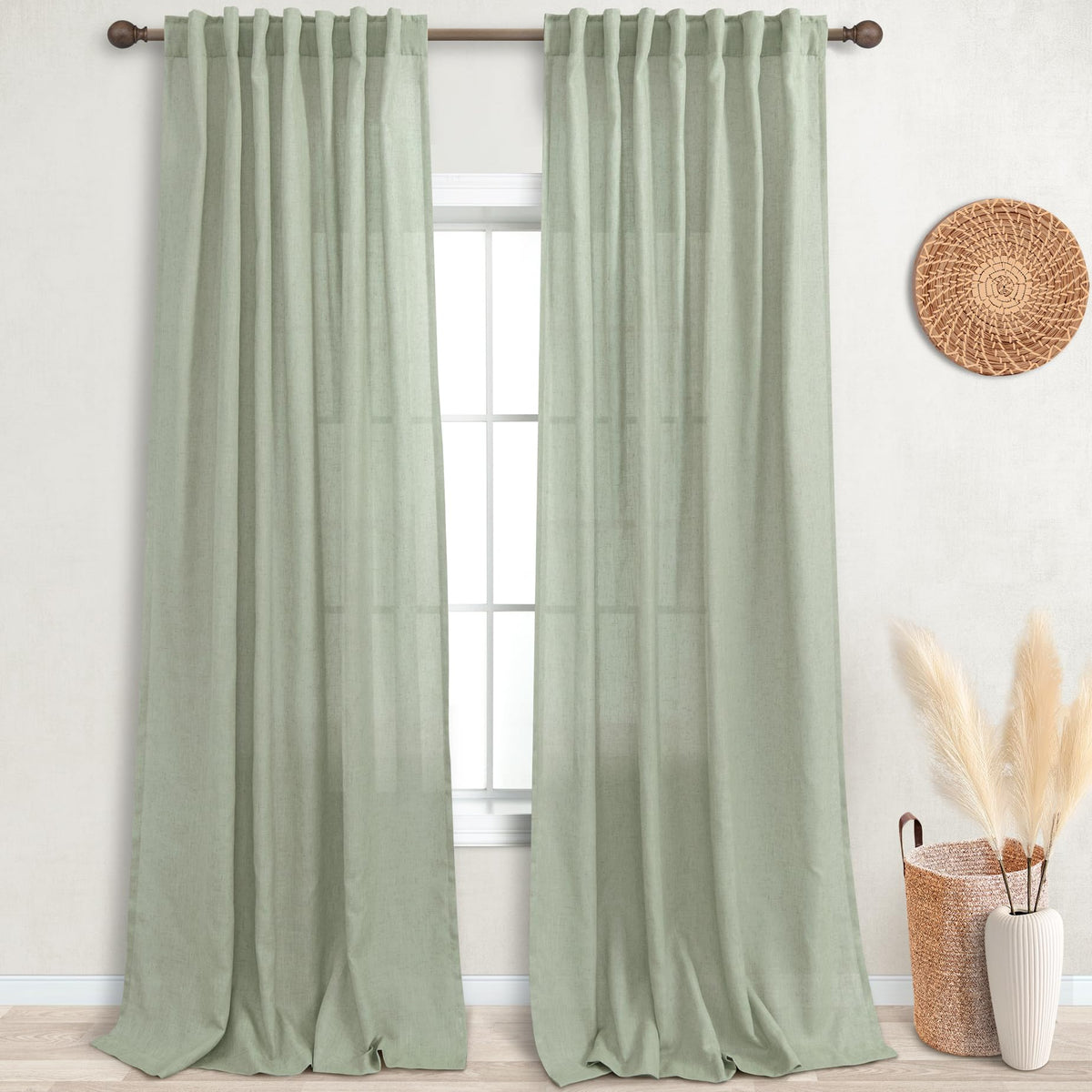 Koufall Sage Green Curtains 108 Inches Long For Living Room,Extra Long Linen Semi Sheer Flowy Curtains For Dining Room,52 In Wid