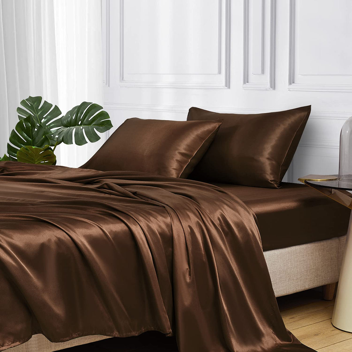 Mr&Hm Satin Bed Sheets, Full Size Sheets Set, 4 Pcs Silky Bedding Set With 15 Inches Deep Pocket For Mattress (Full, Brown)