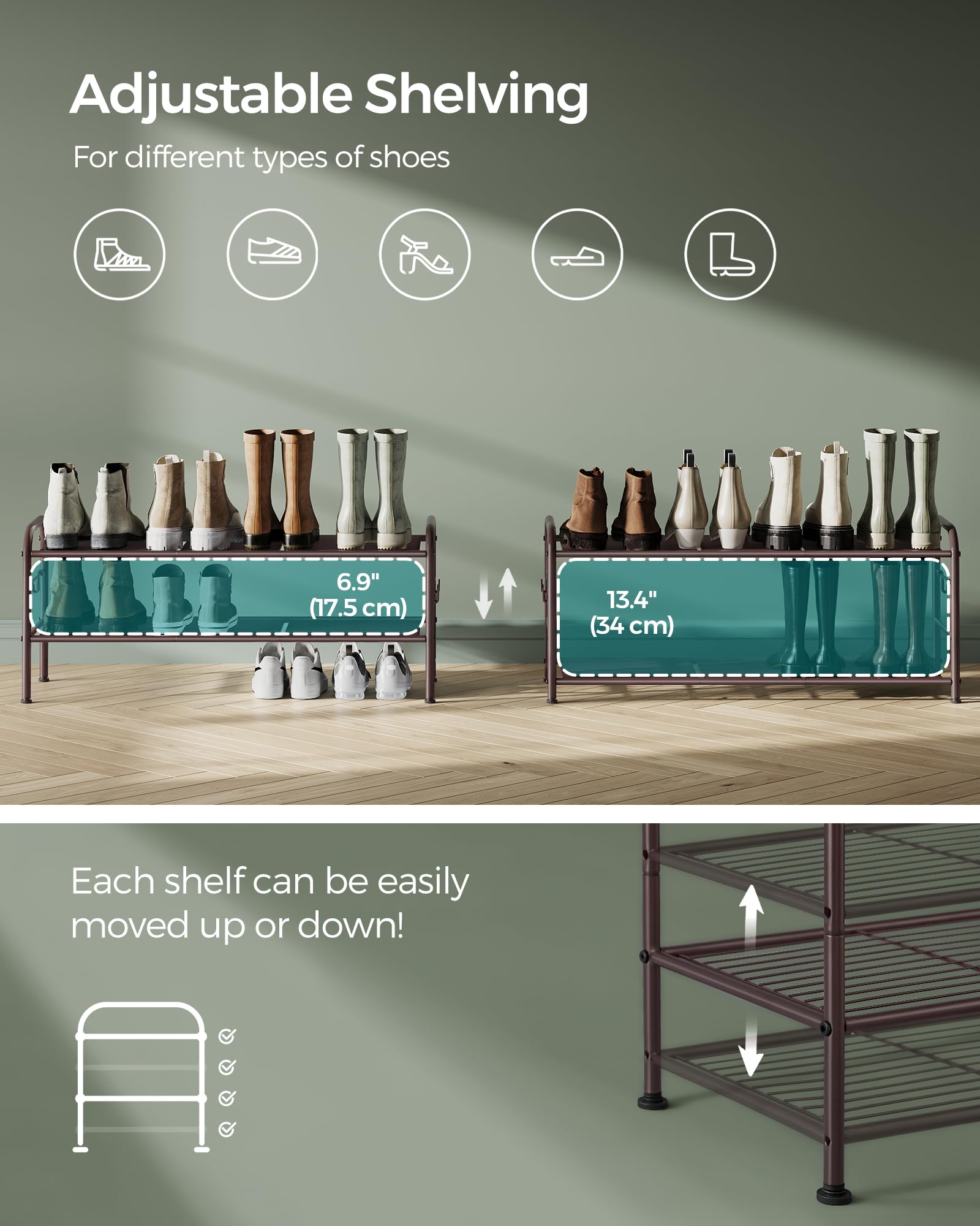 Songmics Shoe Rack, 2-Tier Shoe Organizer, Metal Shoe Shelf Storage With 4 Side Hooks, Holds 10 Pairs Of Shoes, Height-Adjustable Shoe Rack For Entryway, Hallway, Closet, Easy Assembly, Chestnut Brown