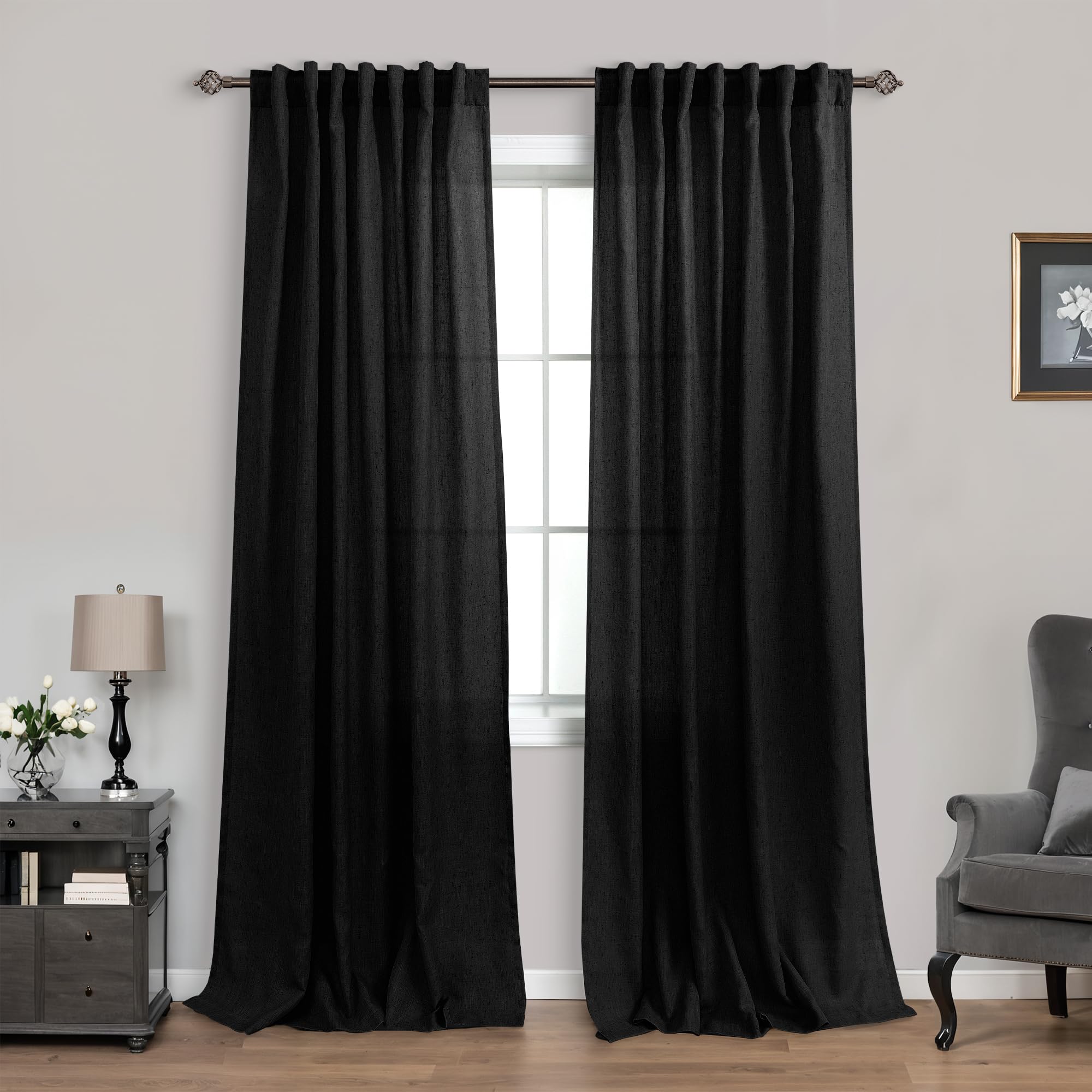 Mrs.Naturall Black Curtains 84 Inches Long For Living Room,Light Filtering Semi Sheer Moody Boho Farmhouse Linen Curtain Drapes