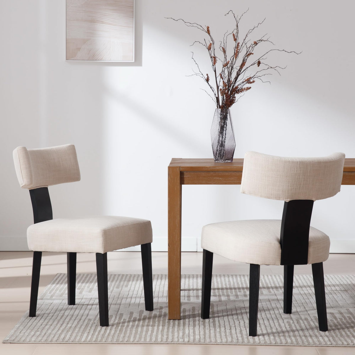 Bestano Modern Dining Chairs Set Of 2, Comfy Upholstered Side Chairs With Black Wood Legs, Linen Fabric Dining Chairs With Curve