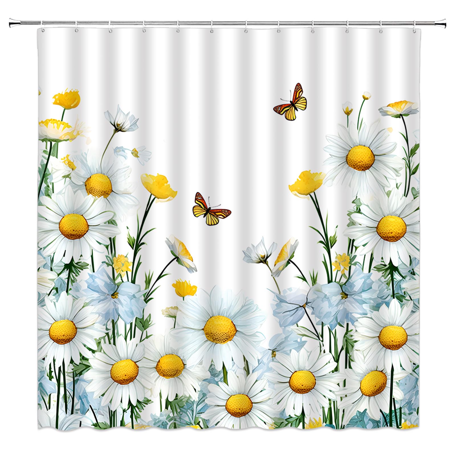 DSMEUE Floral Shower Curtain White Yellow Flower Daisy Butterfly Spring Plant Nature Bathroom Decor Curtain with Hooks,70 Wx70 H