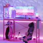 Bestier Pink Gaming Desk With Power Outlets, 44 Inch Led Gamer Desk With 4 Tiers Reversible Shelves, Pink Computer Desk With Headset Hook & Side Storage Bag For Bedroom (Pink 3D Carbon Fiber)
