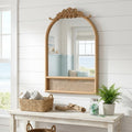 36 Inch Brown Wood And Rattan Arch With Scroll Framed Accent Mirror