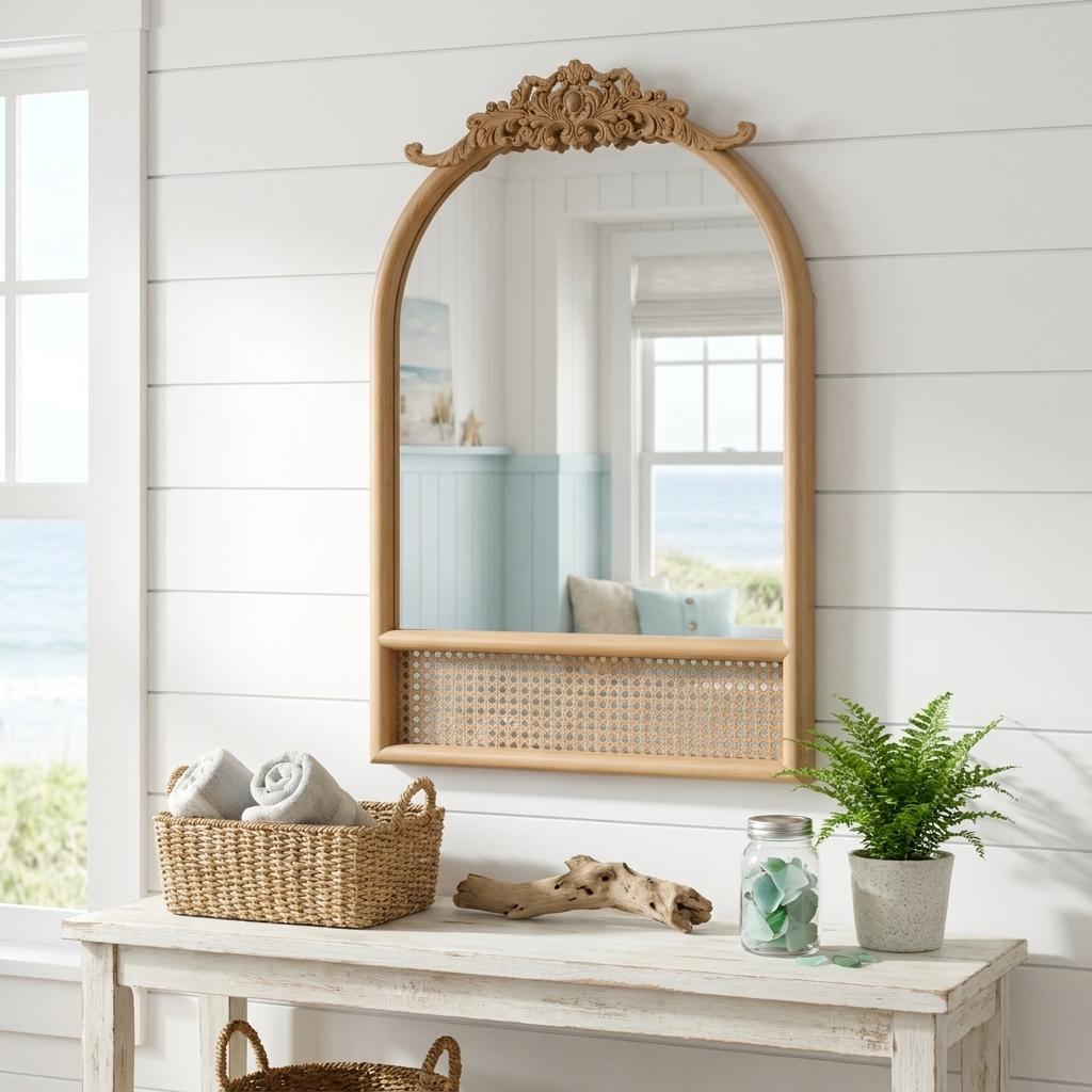 36 Inch Brown Wood And Rattan Arch With Scroll Framed Accent Mirror