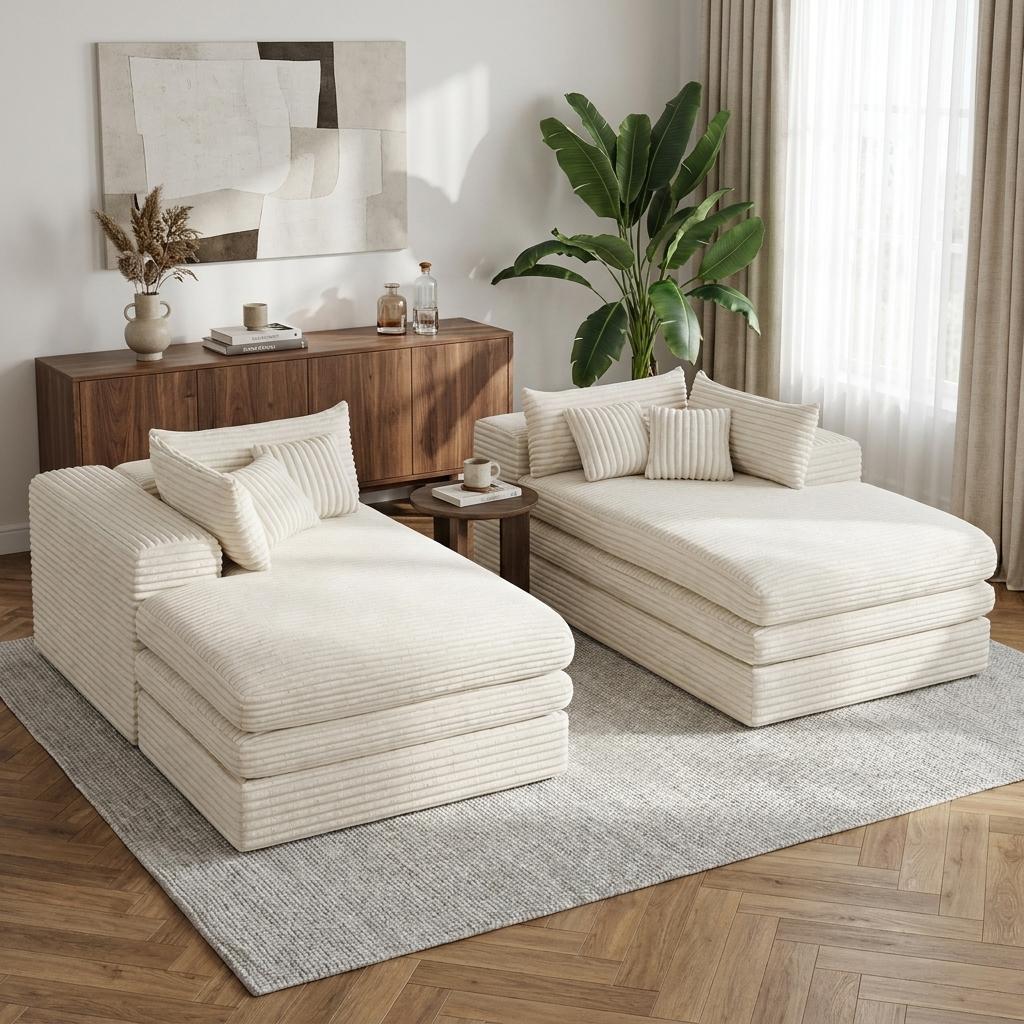 Set of Two 79 Inch White Corduroy Chaise Lounge Chairs With Toss Pillows
