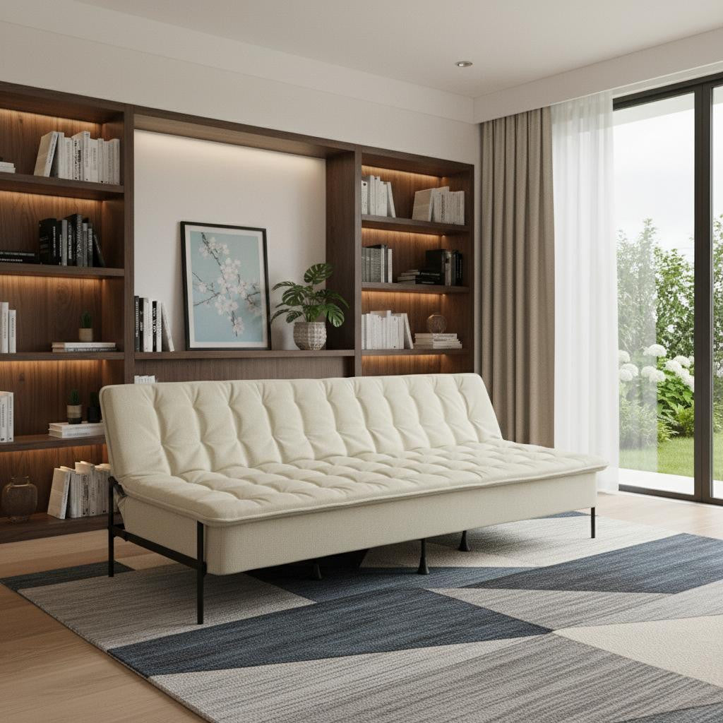 77 Inch Beige Upholstered Convertible Futon Sleeper Sofa