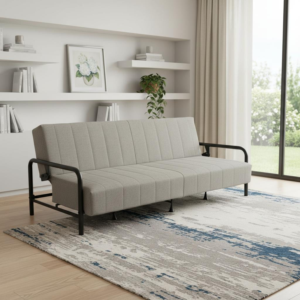 79 Inch Gray Upholstered And Steel Convertible Futon Sleeper Sofa
