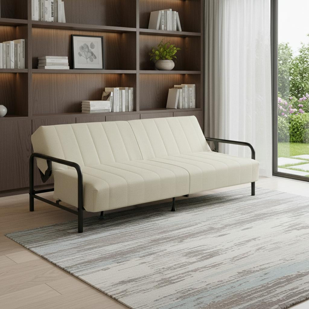 79 Inch Beige Upholstered And Steel Convertible Futon Sleeper Sofa