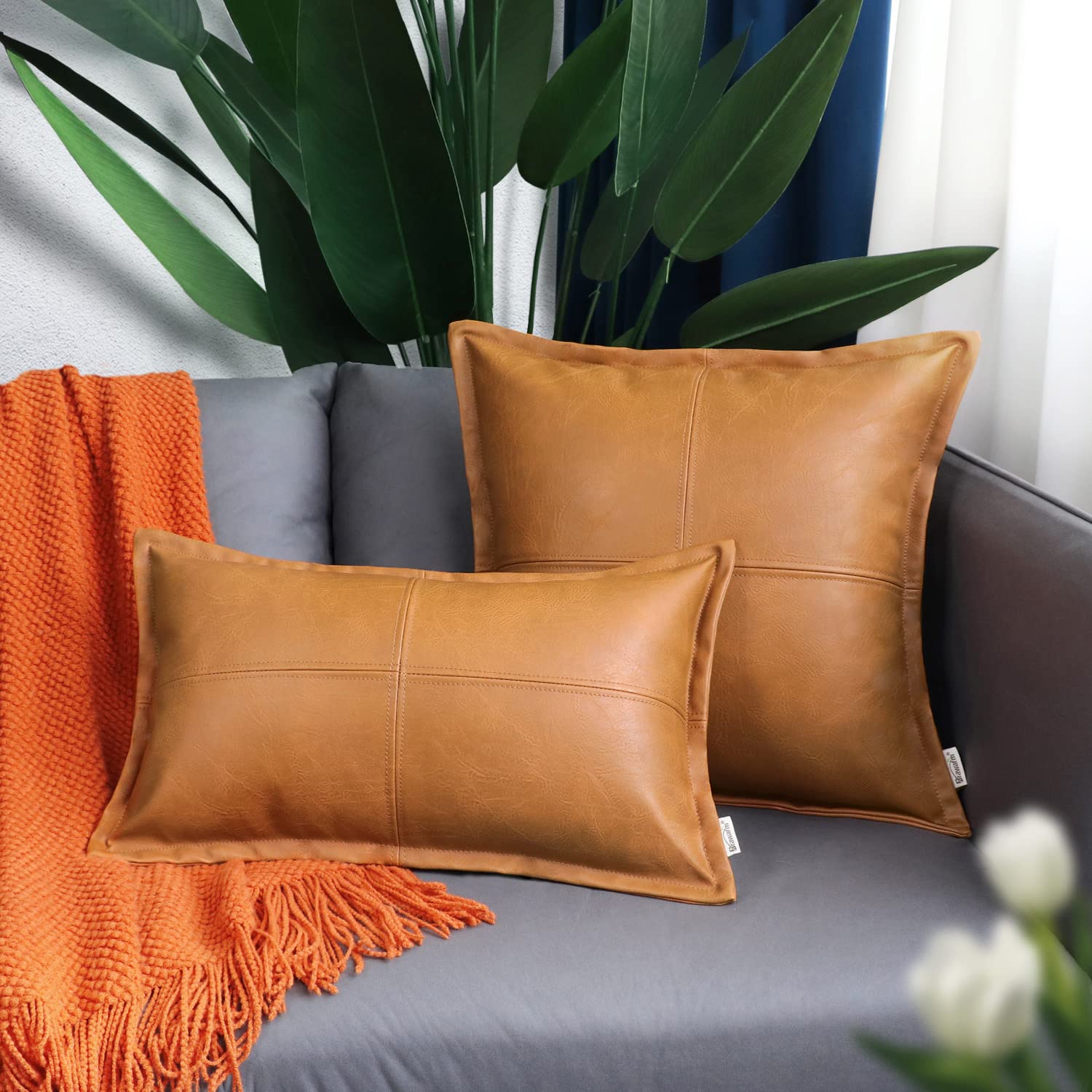 Brawarm Tan Leather Throw Pillow 12 X 20 Inches, Faux Leather Pillow Cover With Piping, Hand Stitched Leather Decorative Lumbar