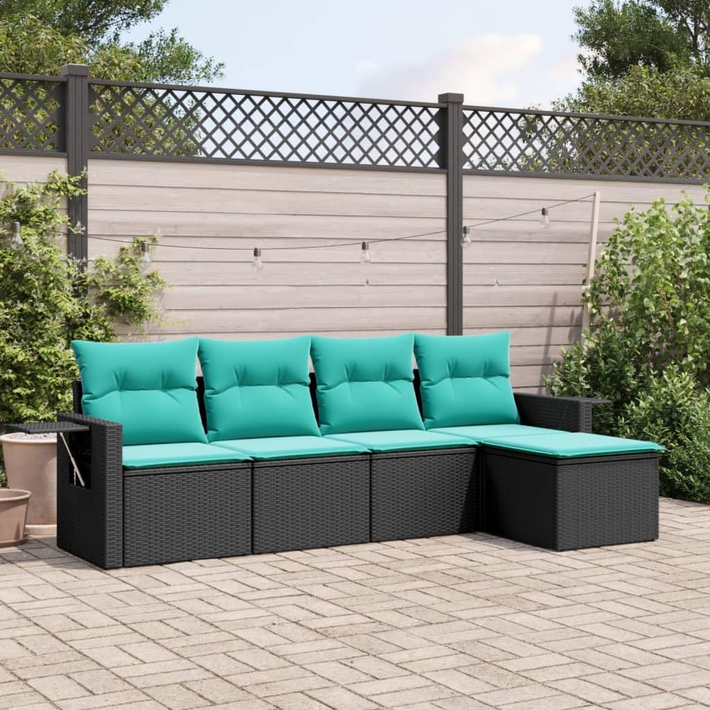 vidaXL Patio Sofa Set with Cushions ?5 Piece Black Poly Rattan Outdoor Furniture, Modular Design, Storage Function, Removable Covers, Weather-Resistant, 242.5 lb Load Capacity