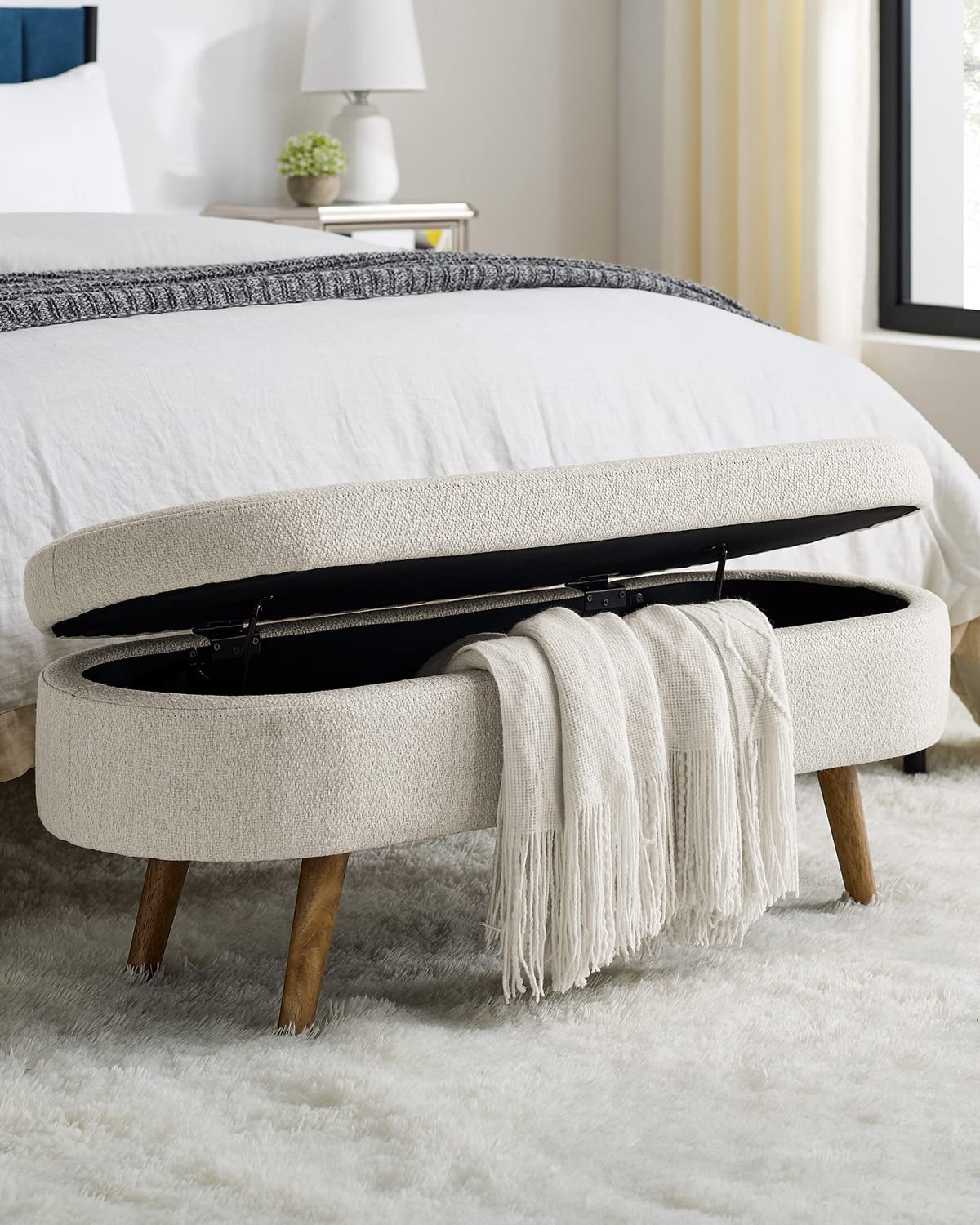 Eclyl Oval Storage Bench 43.5' Linen Fabric Upholstered Entryway Bench With Solid Wood Legs Ottoman Bench Indoor Bench For Living Room/Bedroom/End Of Bed/Entryway (Beige)