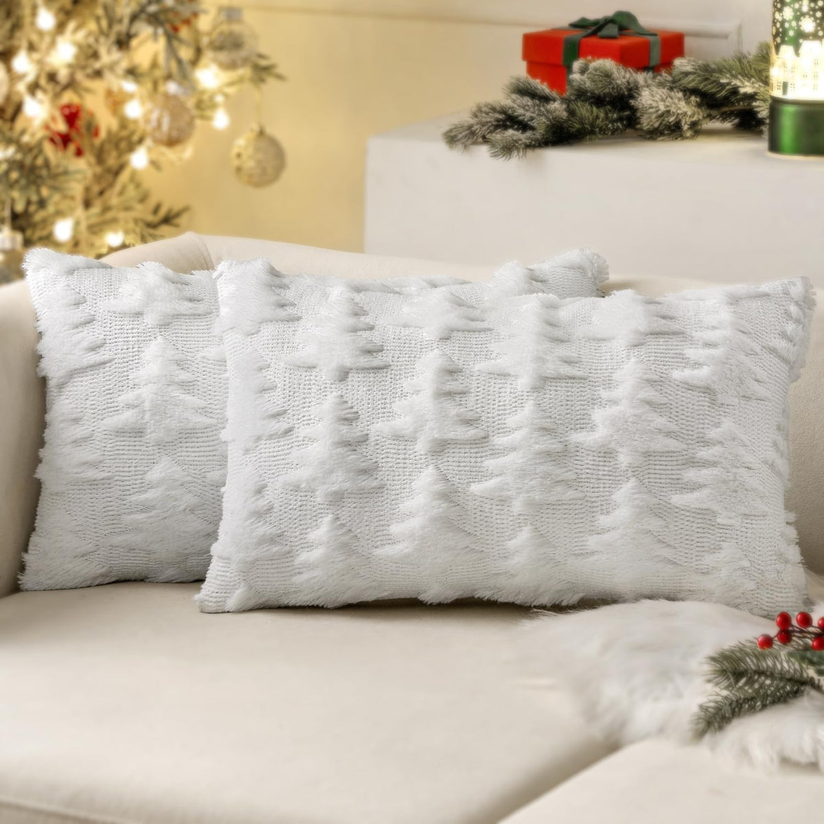 Miulee Pure White Throw Pillow Covers Christmas Tree Decorative Pillow Covers 12X20 Inch Soft Plush Faux Wool Pillow Covers Set