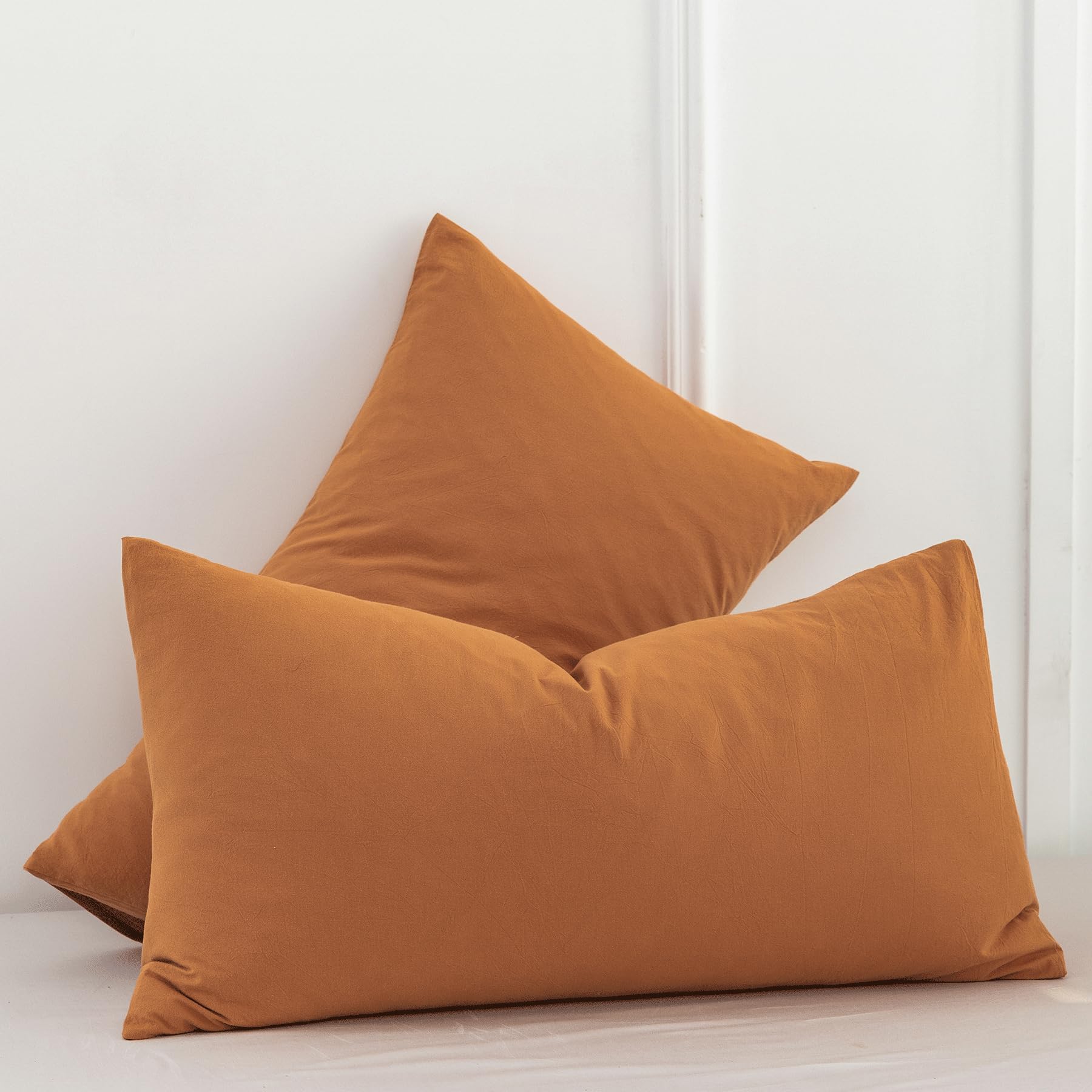 Moomee Bedding Pillowcases Pack Of 2 100% Washed Cotton Linen Like Textured Breathable Durable Soft Comfy (Burnt Orange, Queen)