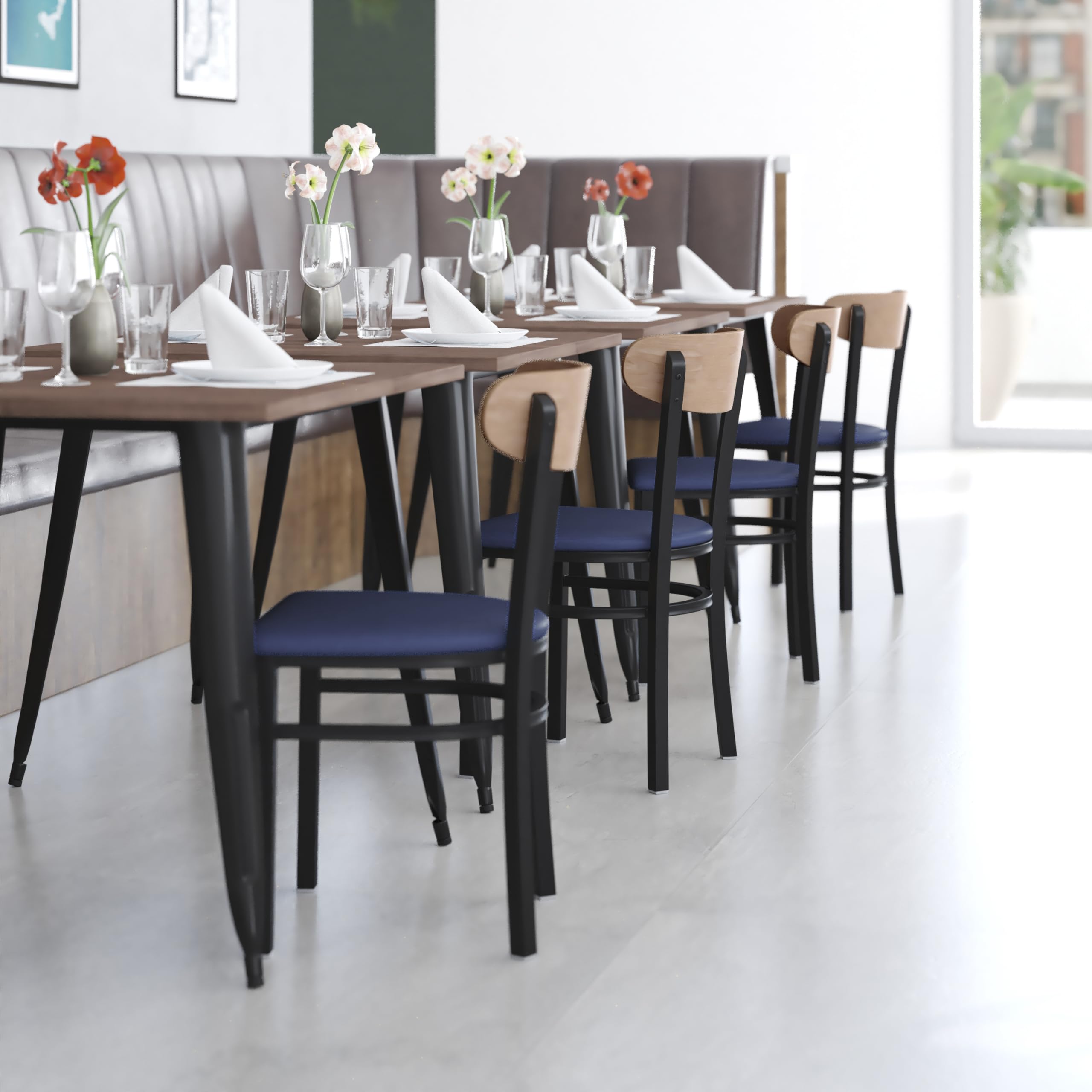 Flash Furniture Wright Commercial Dining Chair - 500 Lb. Capacity Black Steel Frame-Integrated Footrest 1 Pack Natural Birch Wood Back/Blue Vinyl Seat