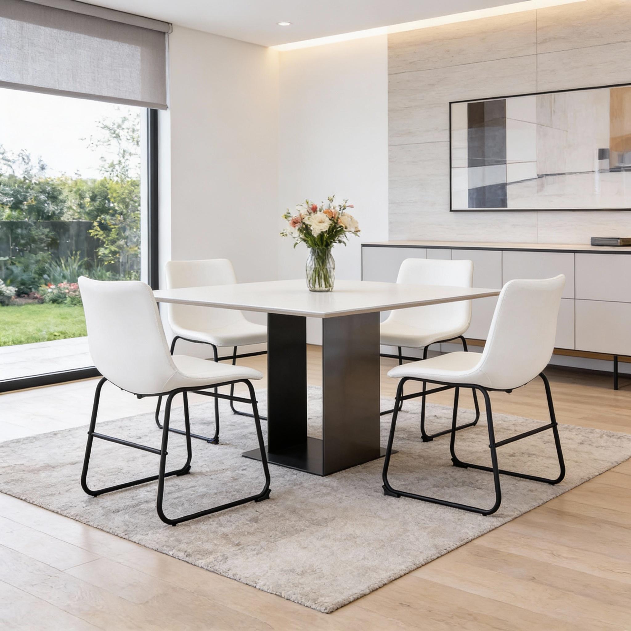 Set of Four White and Black Faux Leather and Metal Dining Side Chairs