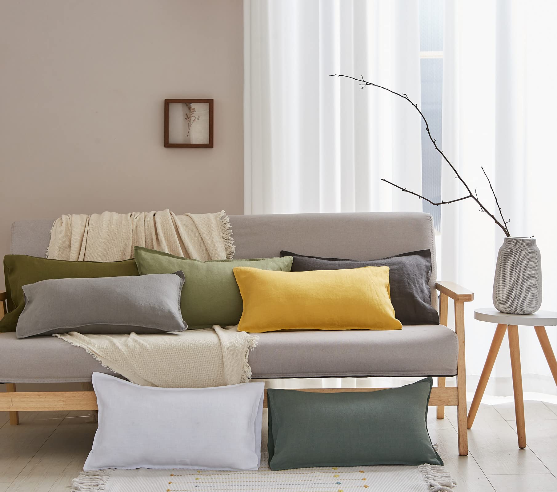 Simple&Opulence 100% Linen Lumbar Pillow Cover 12 X 20 Inches Set Of 2 Rectangular Decorative Throw Cushion Cover For Couch Sofa Bed Living Room Office Soft Breathable Farmhouse - Cushing Green