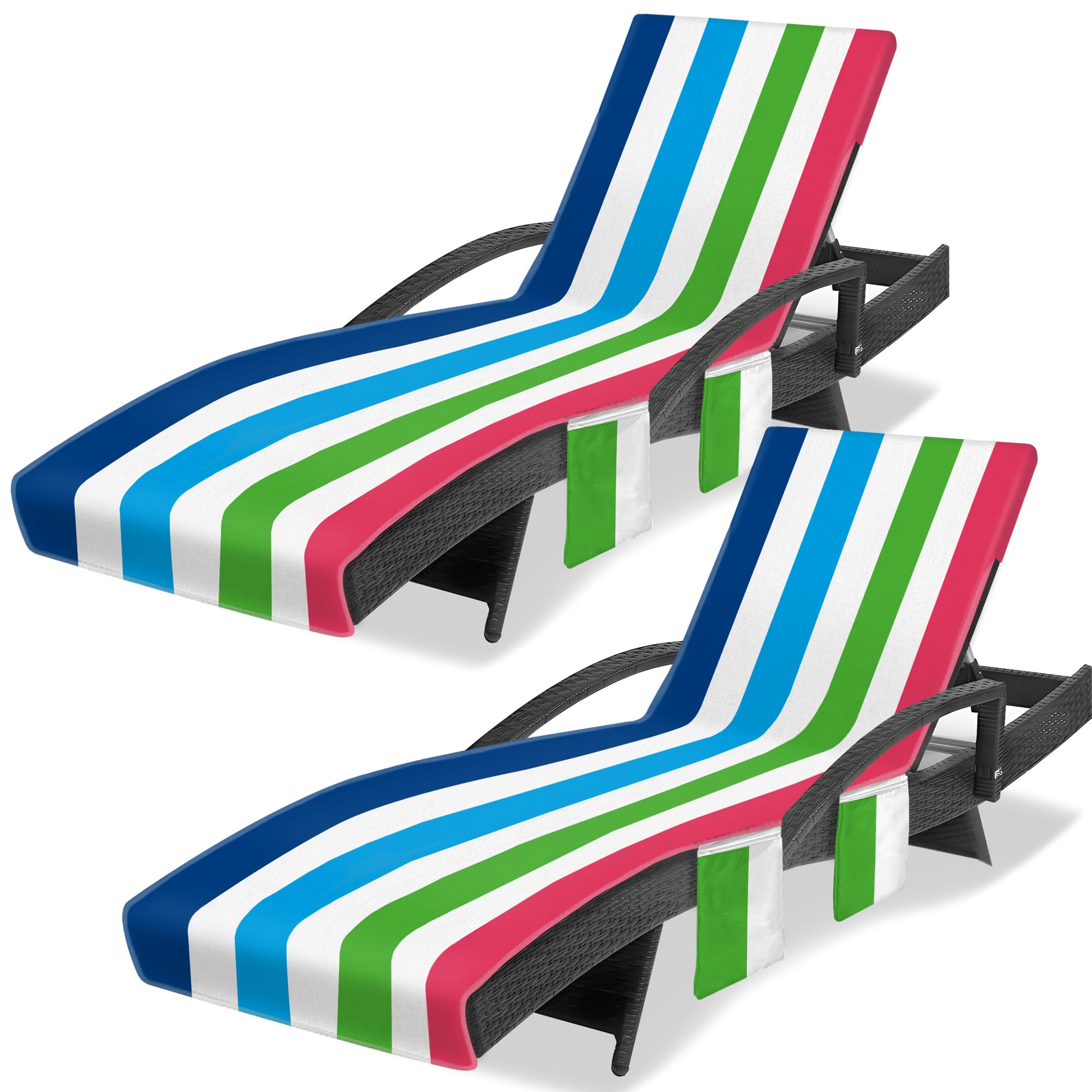 Ruikyhom Lounge Chair Towel Cover, Striped Chaise Lounge Cover (Pack Of 2), Beach Chair Covers With 3 Pockets For Pool Sunbathin
