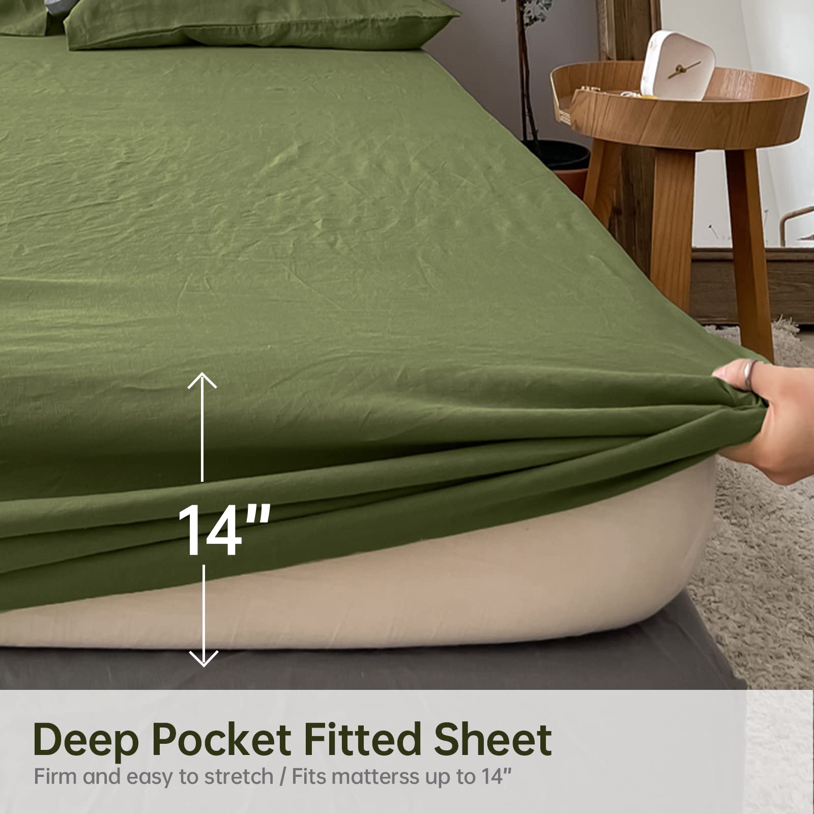 Simple&Opulence Premium 100% Linen Fitted Sheet (1 Piece) Full Size Mattress Cover, 14''Deep Pocket Natural Belgian Flax Bottom