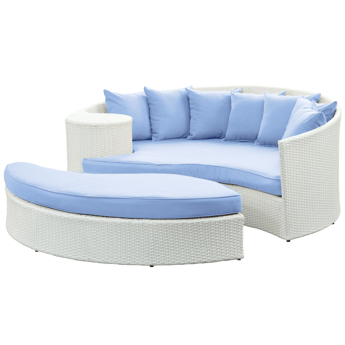 Lexmod Taiji Outdoor Wicker Patio Daybed With Ottoman In White With Light Blue Cushions