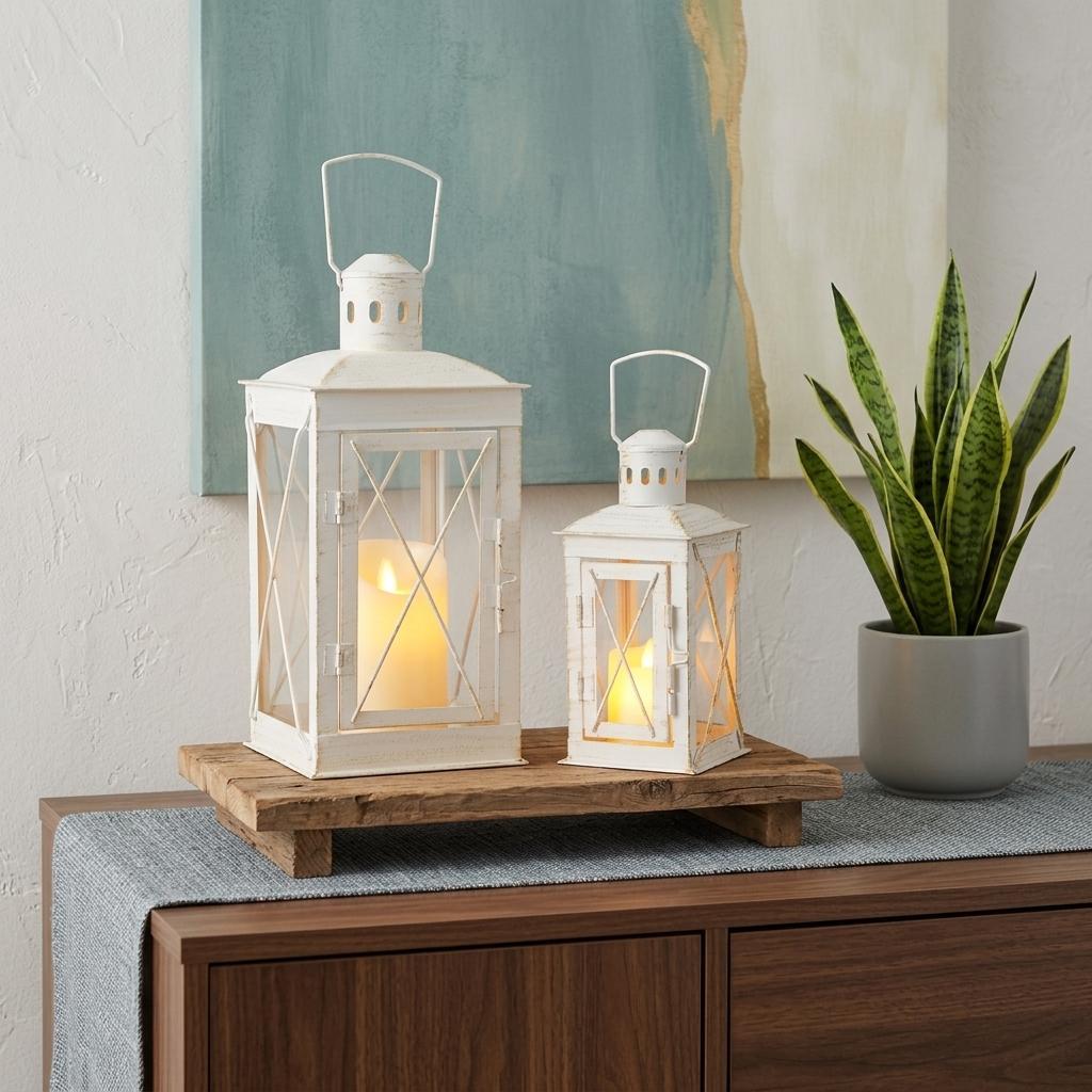 Set of Two Clear And White Glass And Metal Tabletop Lantern Candle Holders