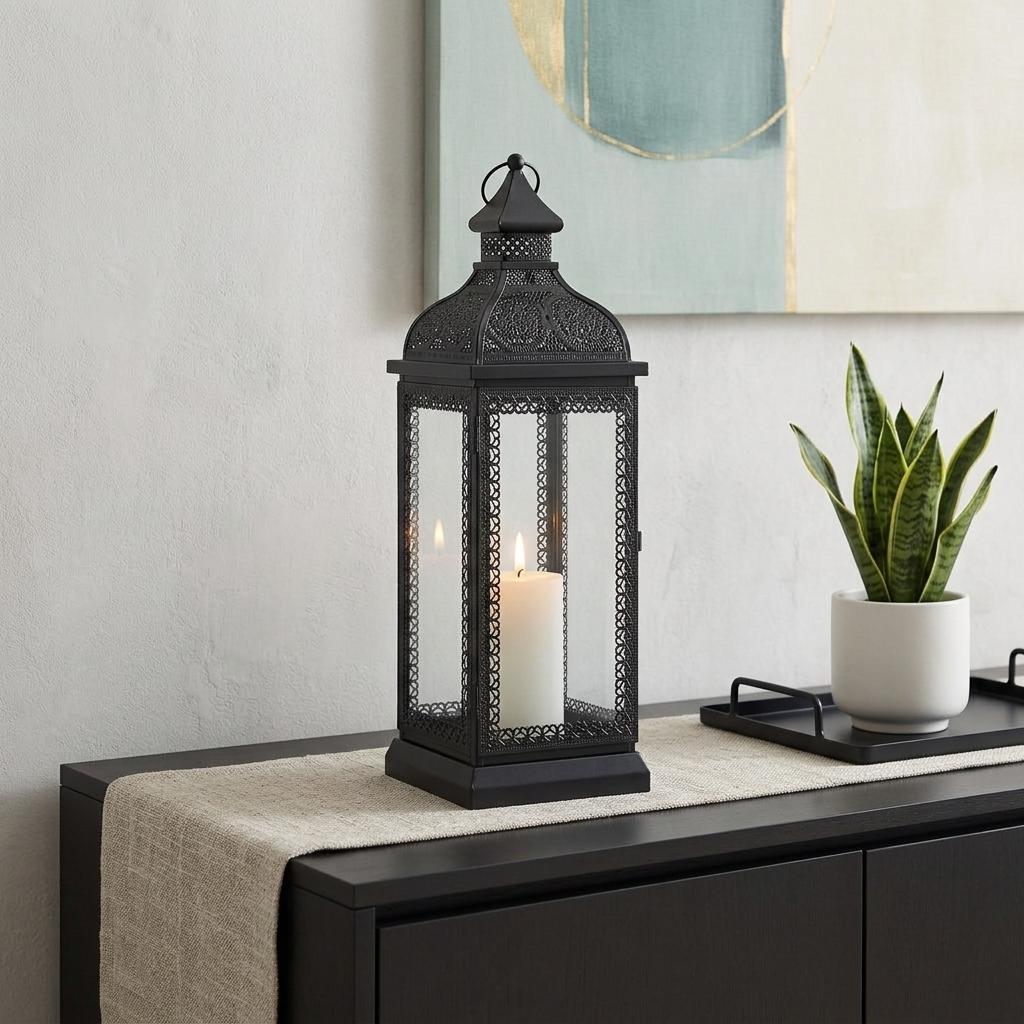 18 Clear And Black Glass And Metal Filigree Tabletop Lantern Candle Holder