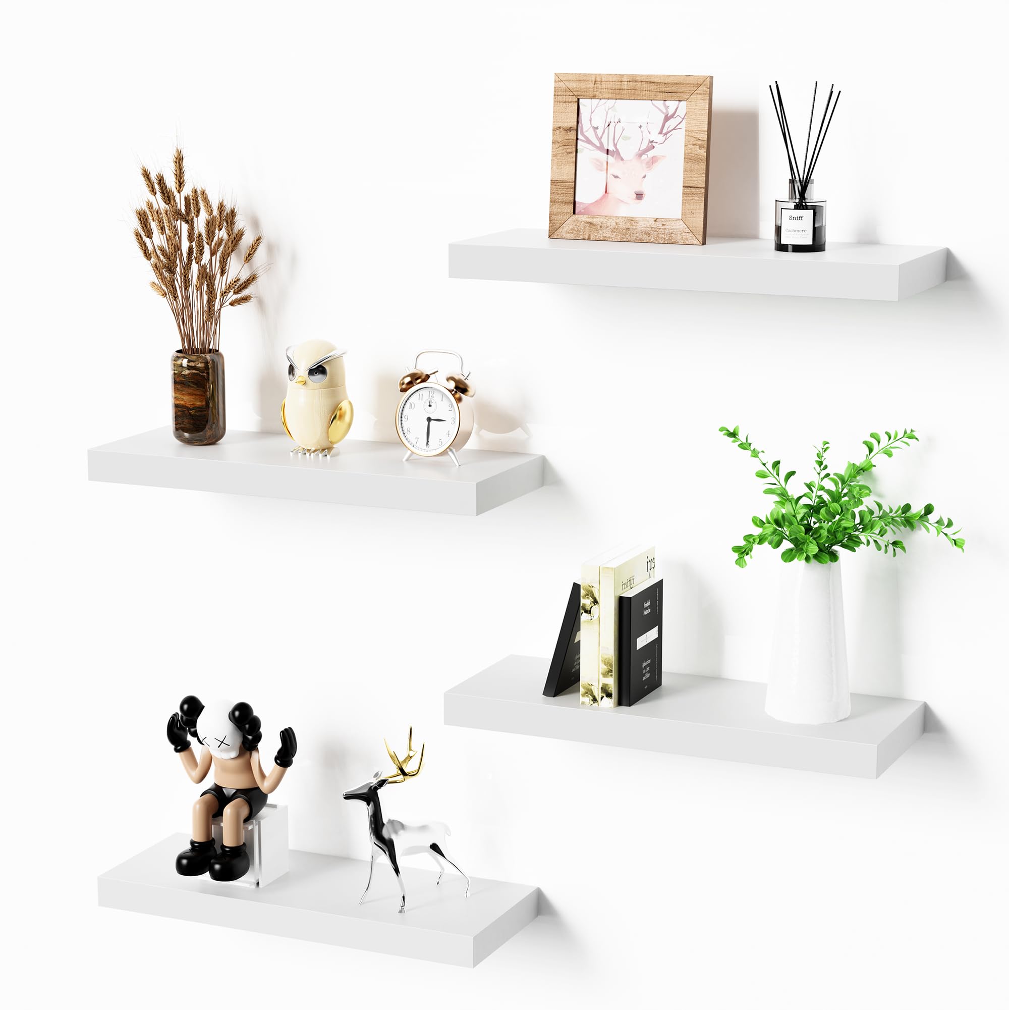 Bellsal Floating Shelves for Wall, White Engineered Wood Wall Shelf Set of 4, 16'' Wall Mounted Floating Shelf for Kitchen, Livi